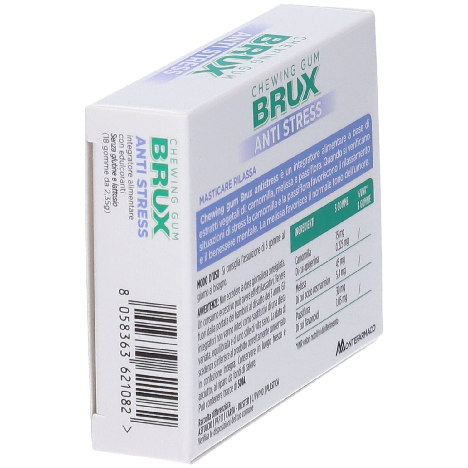 Seite einer Packung Brux Antistress Kaugummi mit Barcode und Produktinformationen.