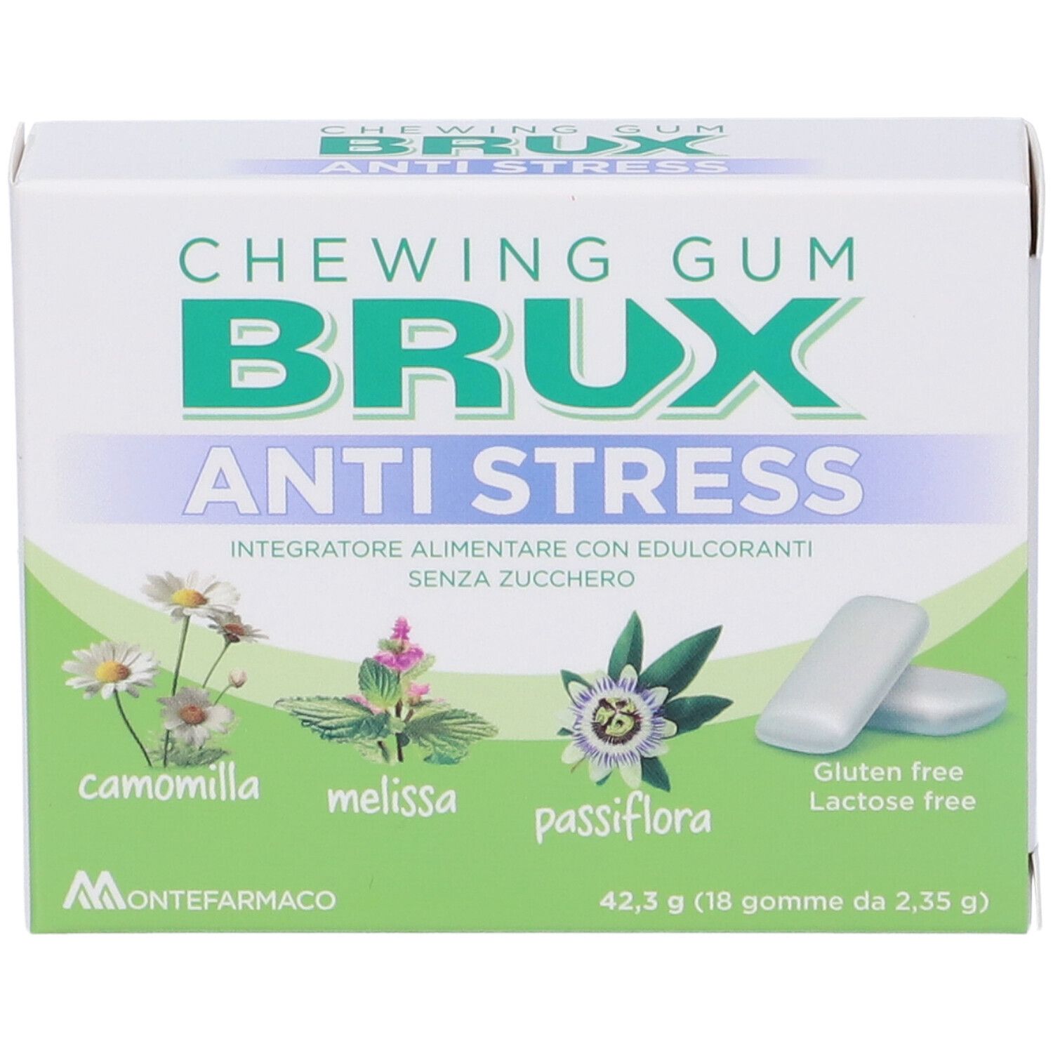 Packung Brux Antistress Kaugummi mit zwei Kaugummistücken, gluten- und laktosefrei.