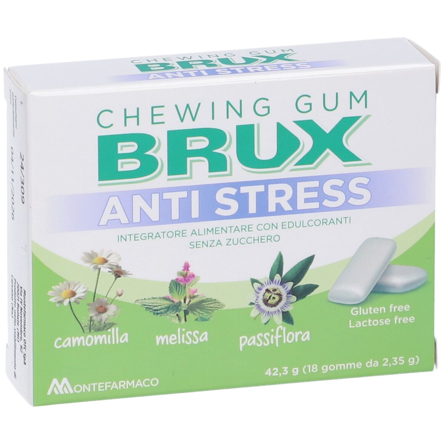 Packung Brux Antistress Kaugummi mit Abbildungen von Kamille, Melisse und Passionsblume.