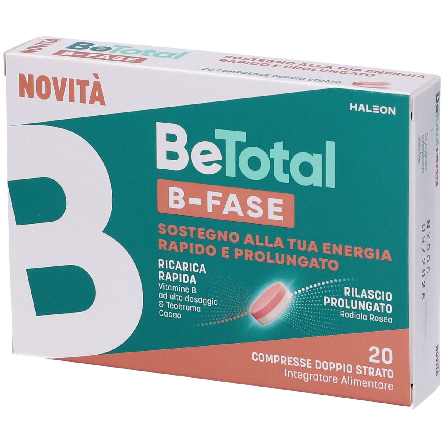 Scatola di Be-Total B-FASE. Scritto: NOVITÀ, B-FASE, 20 compresse. Contiene compresse. Marchio: Haleon.