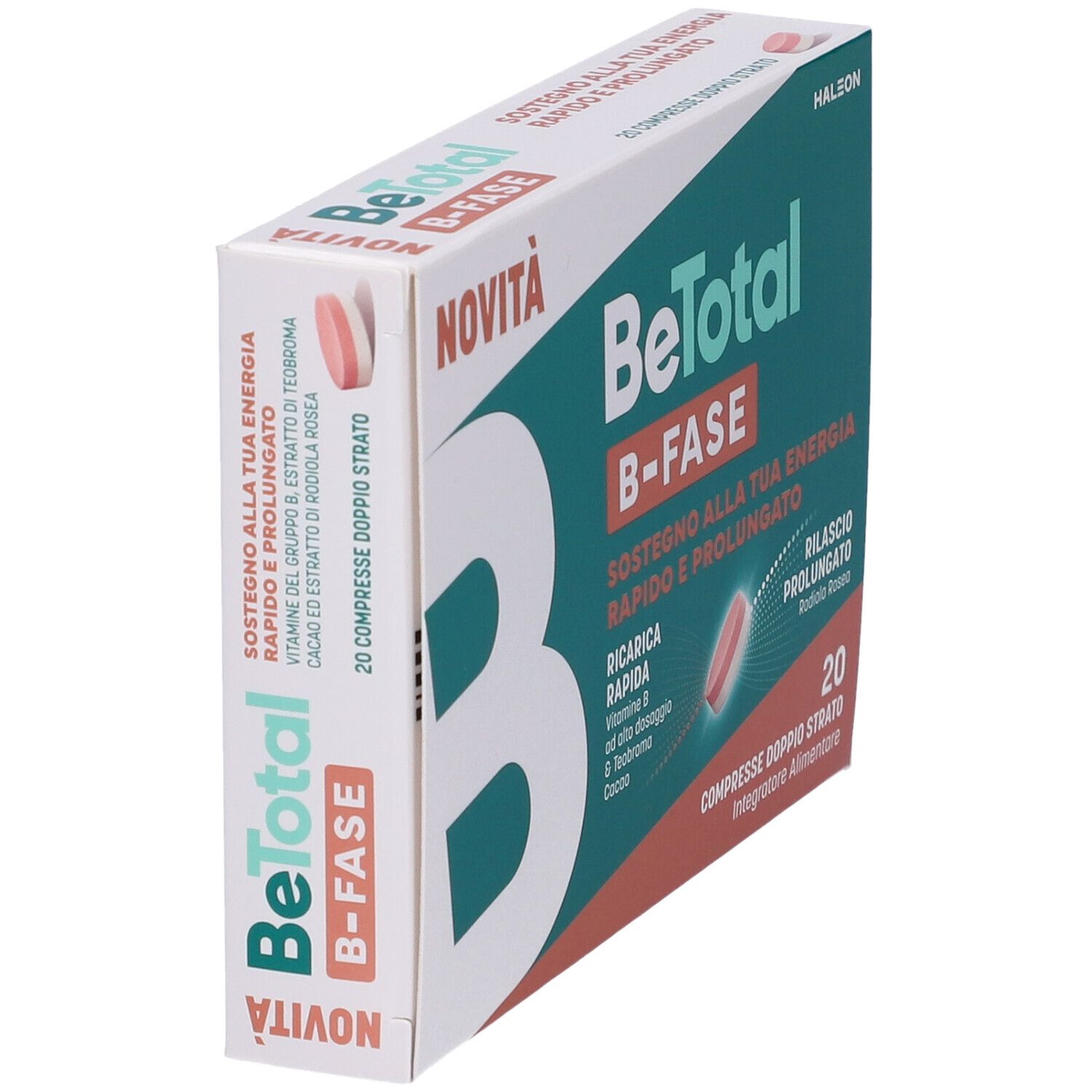 Scatola Be-Total B-FASE. Scritto: NOVITÀ, B-FASE, 20 compresse. Contiene compresse. Marchio: Haleon.