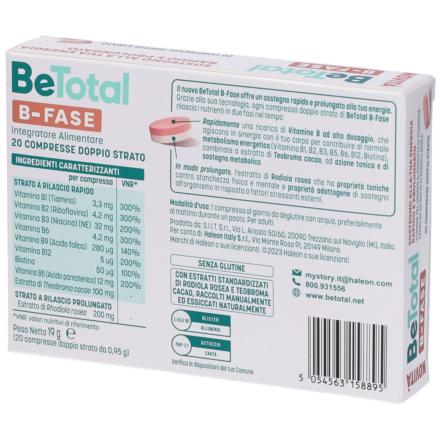 Retro della scatola Be-Total B-FASE. Contiene informazioni sugli ingredienti e le istruzioni per l'uso. Marchio: Haleon.