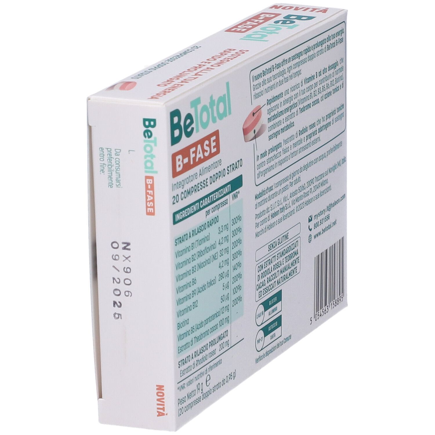 Retro della scatola Be-Total B-FASE. Contiene informazioni sugli ingredienti e le istruzioni per l'uso. Marchio: Haleon.