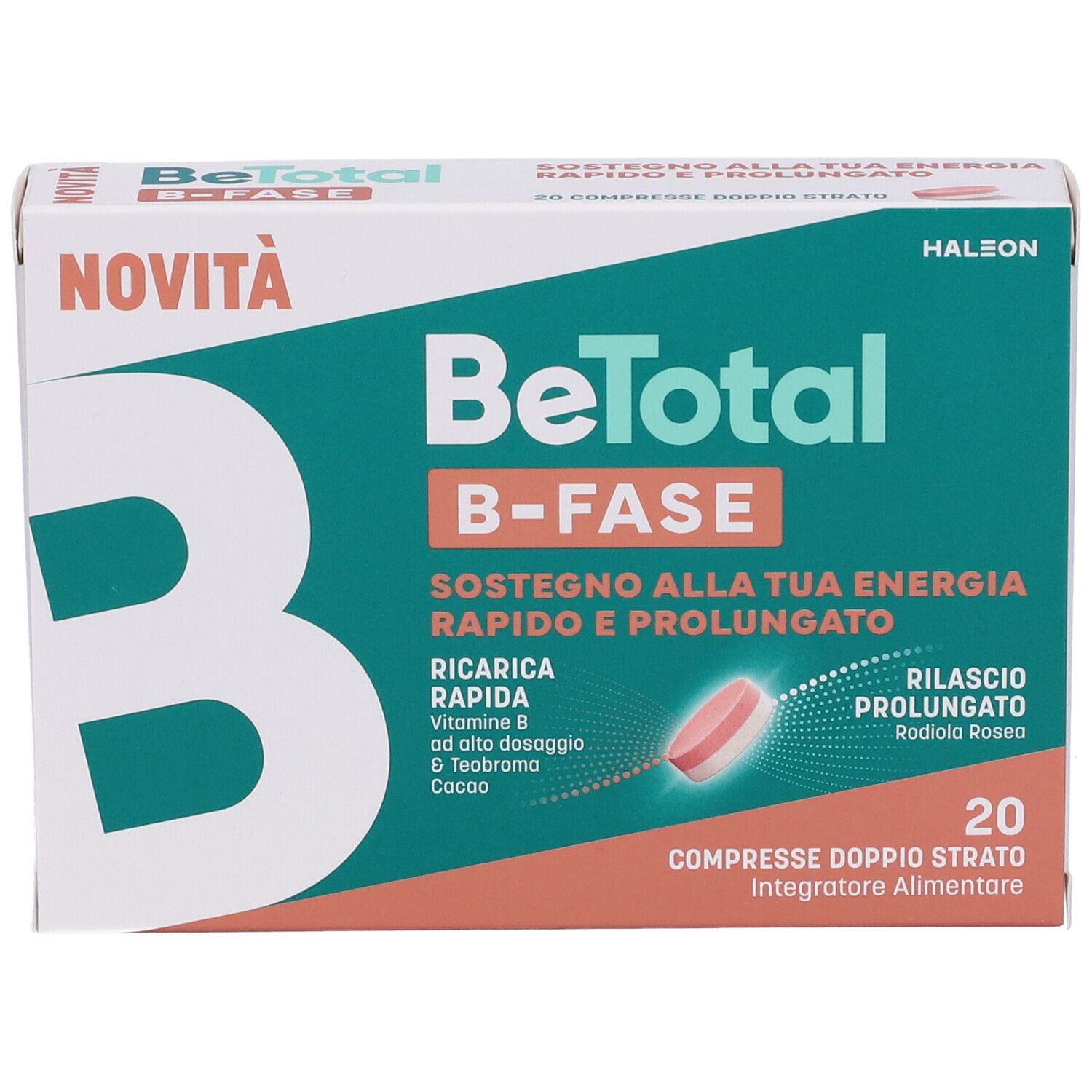 Scatola di Be-Total B-FASE. Scritto: NOVITÀ, B-FASE, 20 compresse. Contiene compresse. Marchio: Haleon.