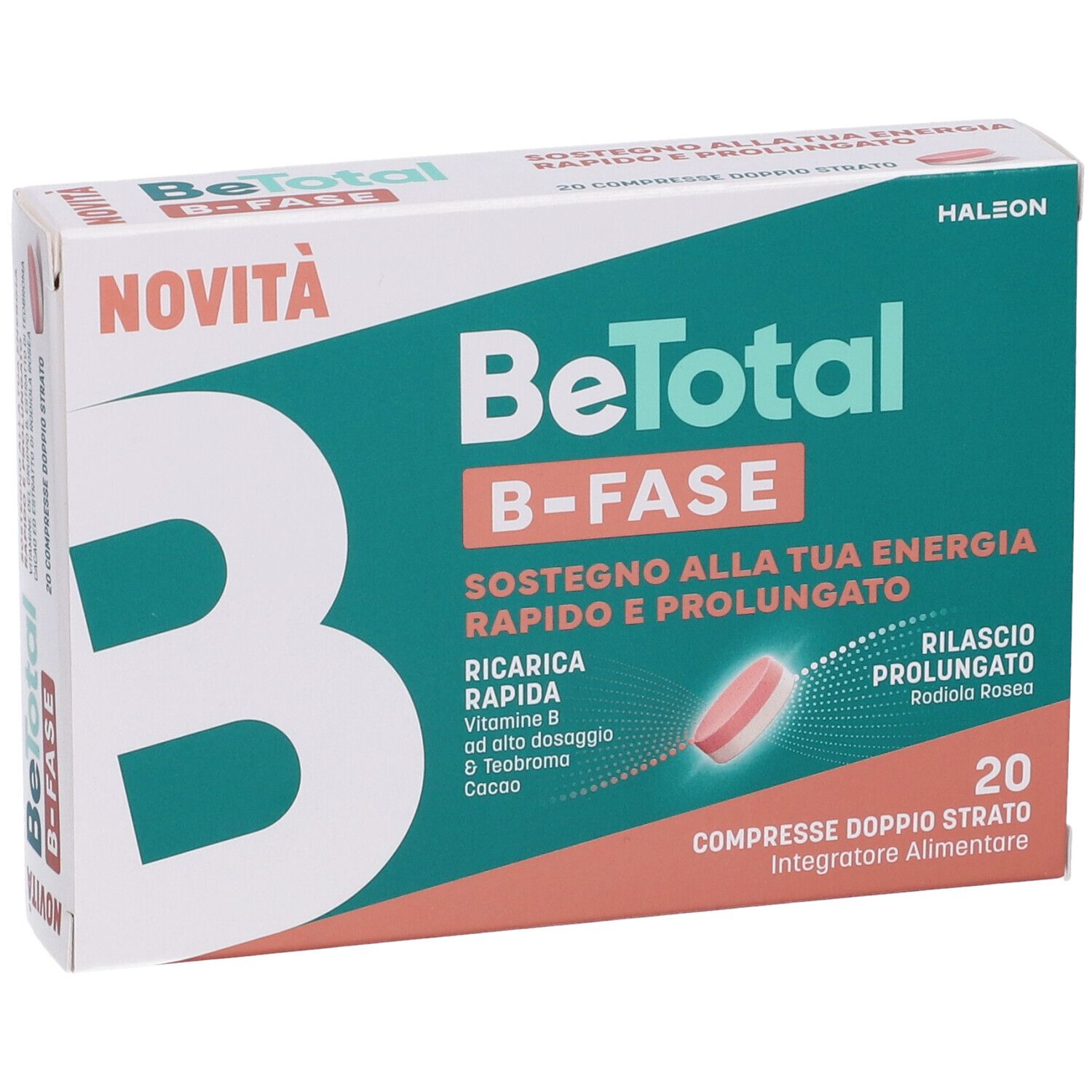 Scatola di Be-Total B-FASE. Scritto: NOVITÀ, B-FASE, 20 compresse. Contiene compresse. Marchio: Haleon.