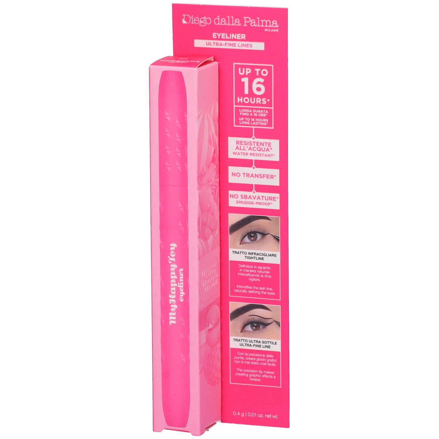 Eyeliner rosa e confezione. Sulla confezione sono presenti le scritte "Diego dalla Palma" e "Myhappytoy eyeliner".