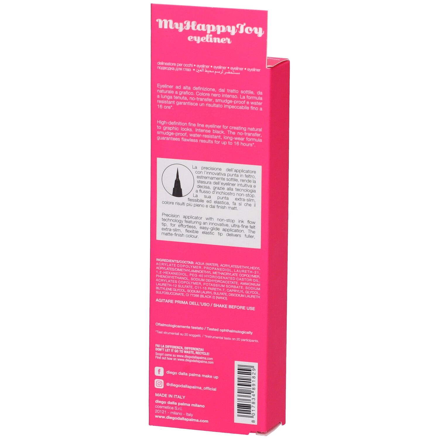 Retro della confezione rosa. Testo multilingue, tra cui "Myhappytoy eyeliner" e logo del marchio.