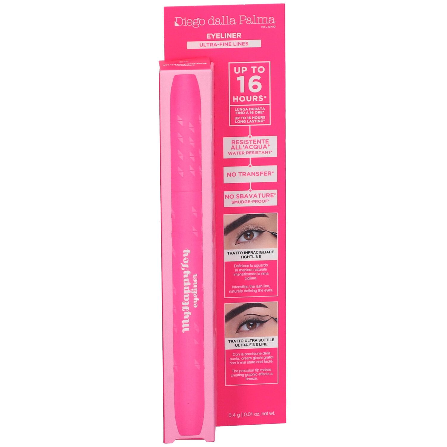 Eyeliner rosa e confezione. Sulla confezione sono presenti le scritte "Diego dalla Palma" e "Myhappytoy eyeliner".