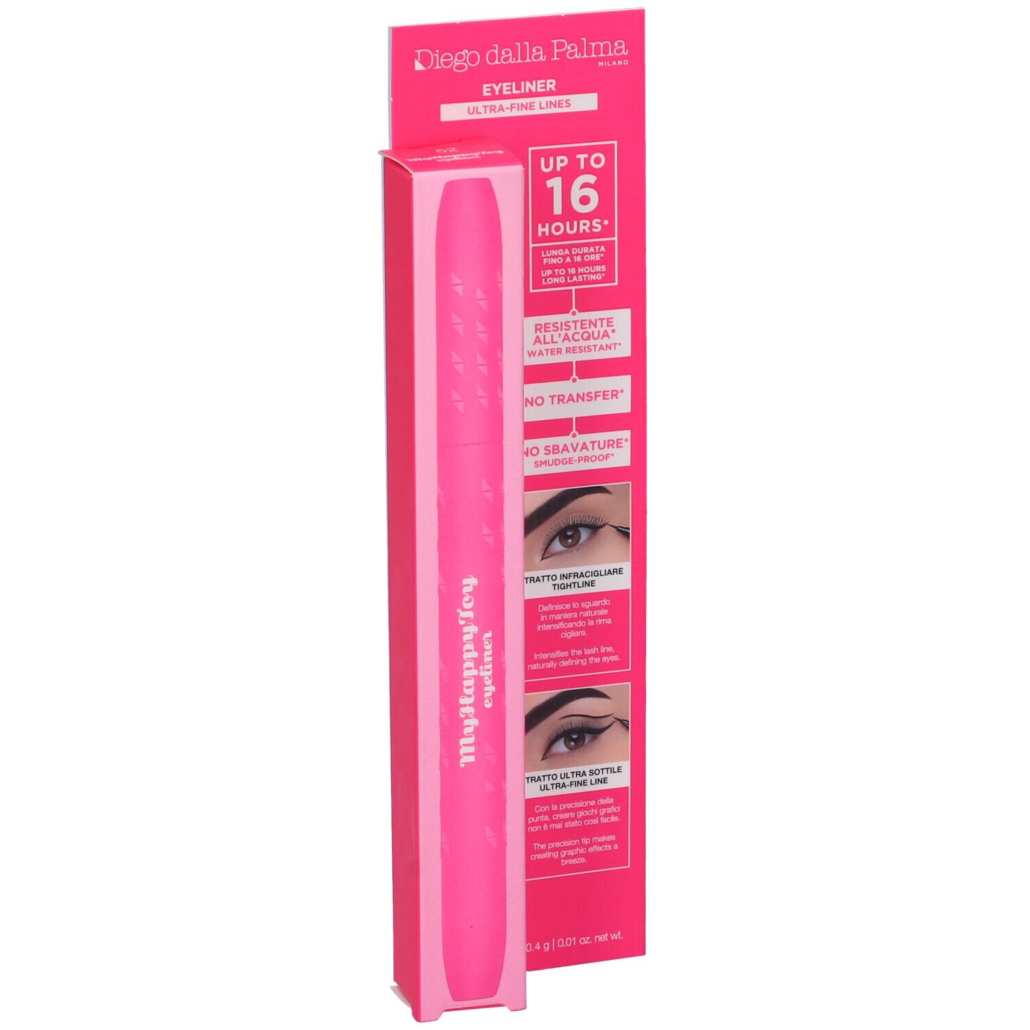 Eyeliner rosa e confezione. Sulla confezione sono presenti le scritte "Diego dalla Palma" e "Myhappytoy eyeliner".
