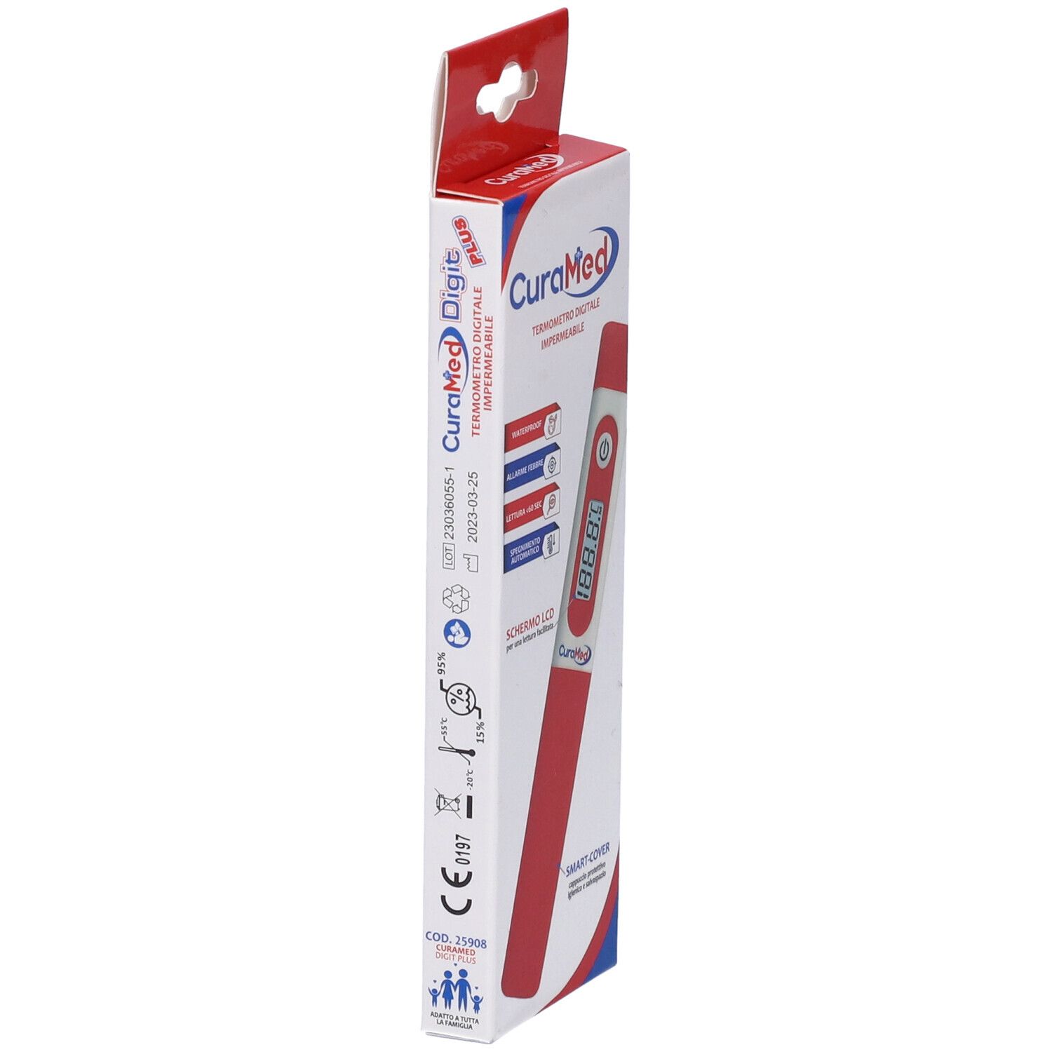 Seitenansicht der Thermometerverpackung. Rotes Thermometer, blaue Verpackung. Text: CuraMed Digit Plus, CE-Zeichen.