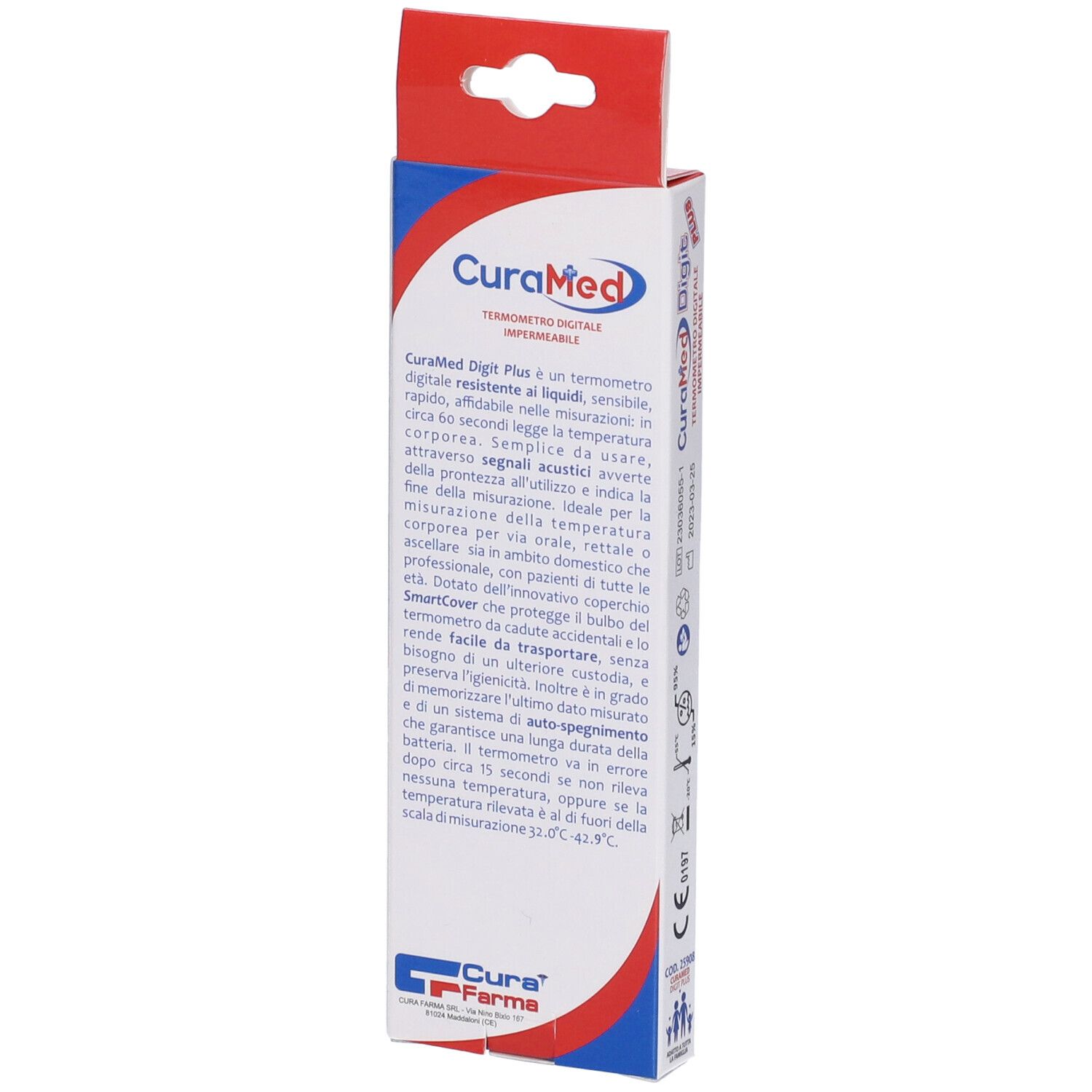 Rückseite der Thermometerverpackung. Text in italienischer Sprache. Marke: CuraMed. CE-Kennzeichnung.