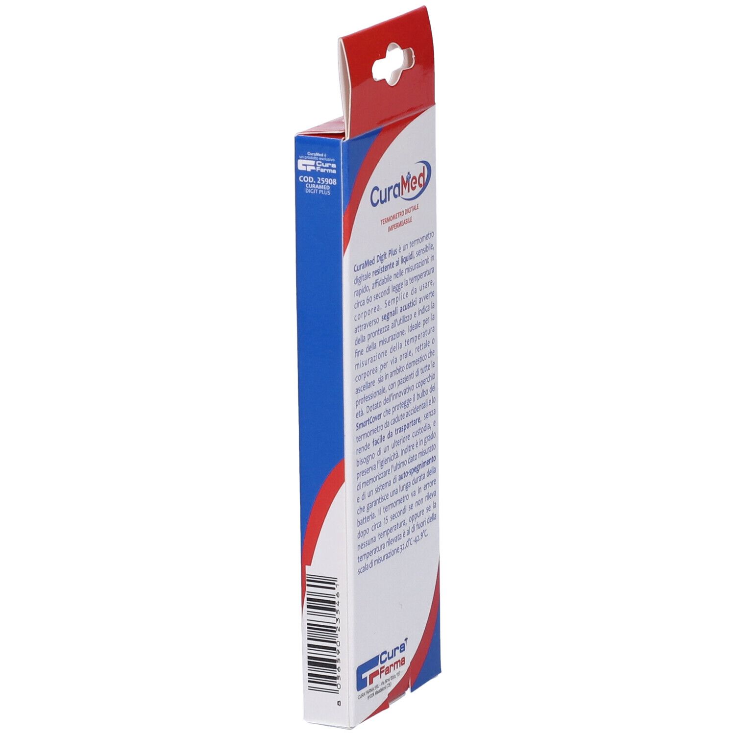 Seitenansicht der Thermometerverpackung. Blaue Verpackung mit Text. Marke: CuraMed. CE-Kennzeichnung.