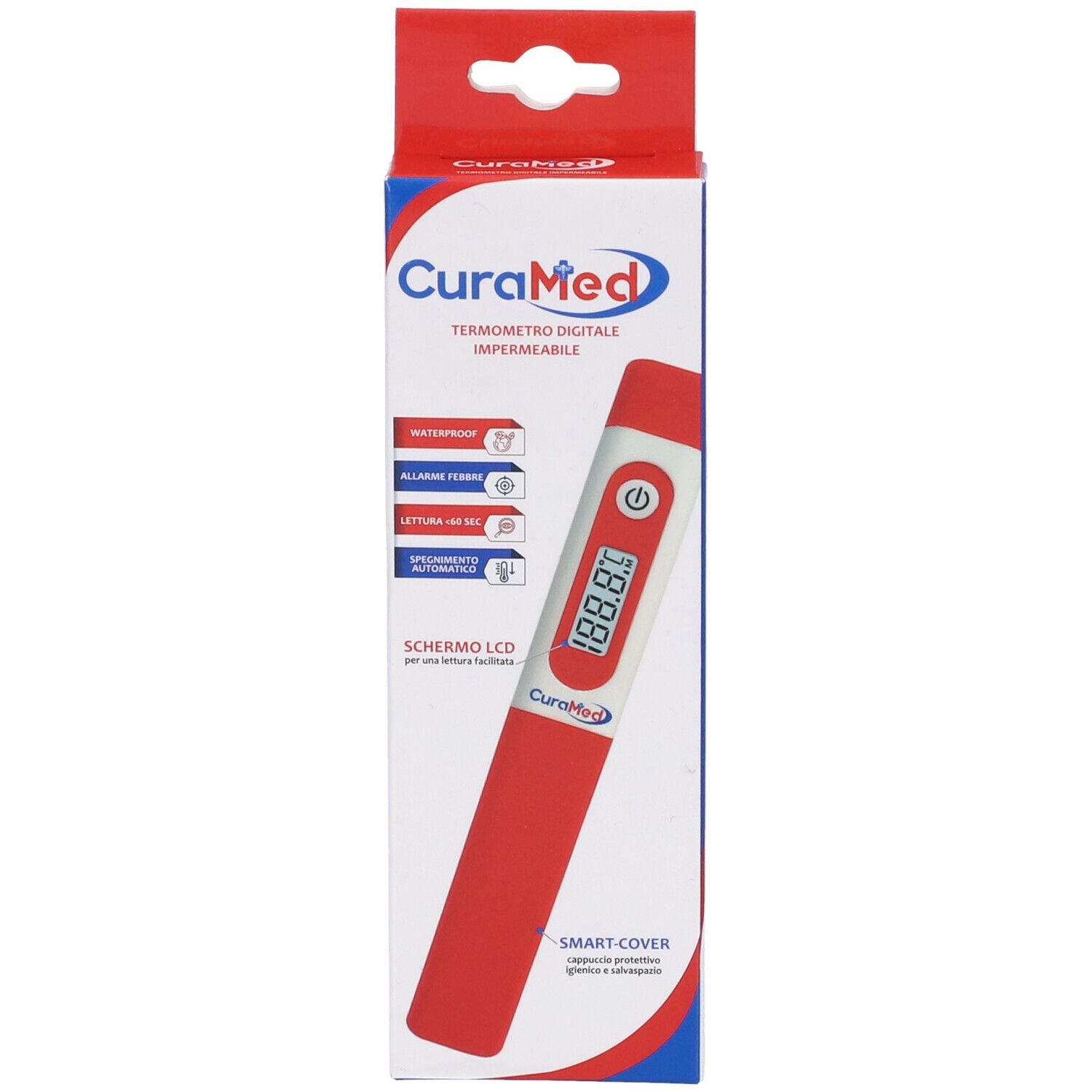 Thermometer in Verpackung. Roter Griff, weißes Display mit Temperaturanzeige. Marke: CuraMed. Verpackung blau/rot.