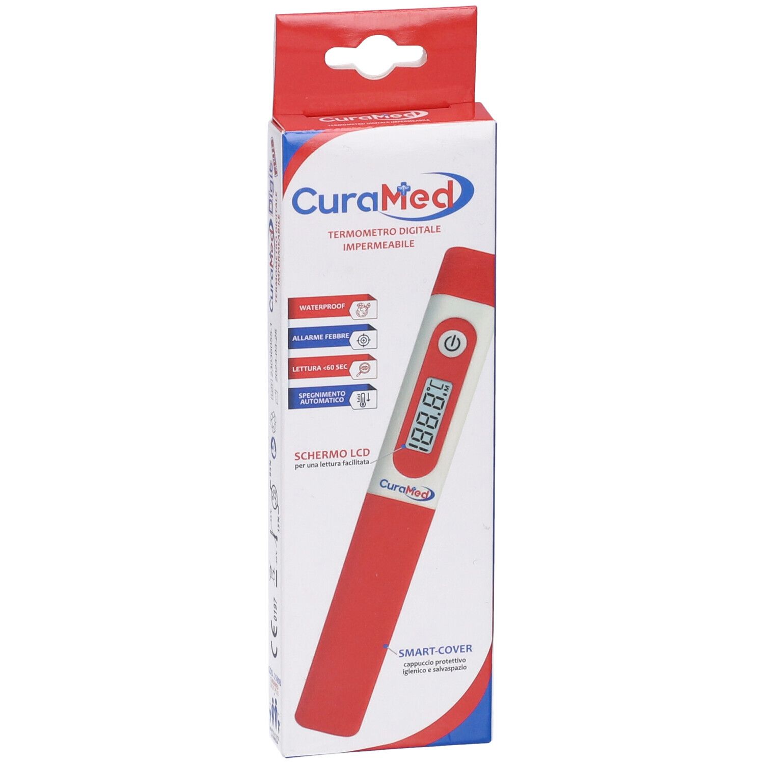 Thermometer in Verpackung. Roter Griff, weißes Display mit Temperaturanzeige. Marke: CuraMed. Verpackung blau/rot.