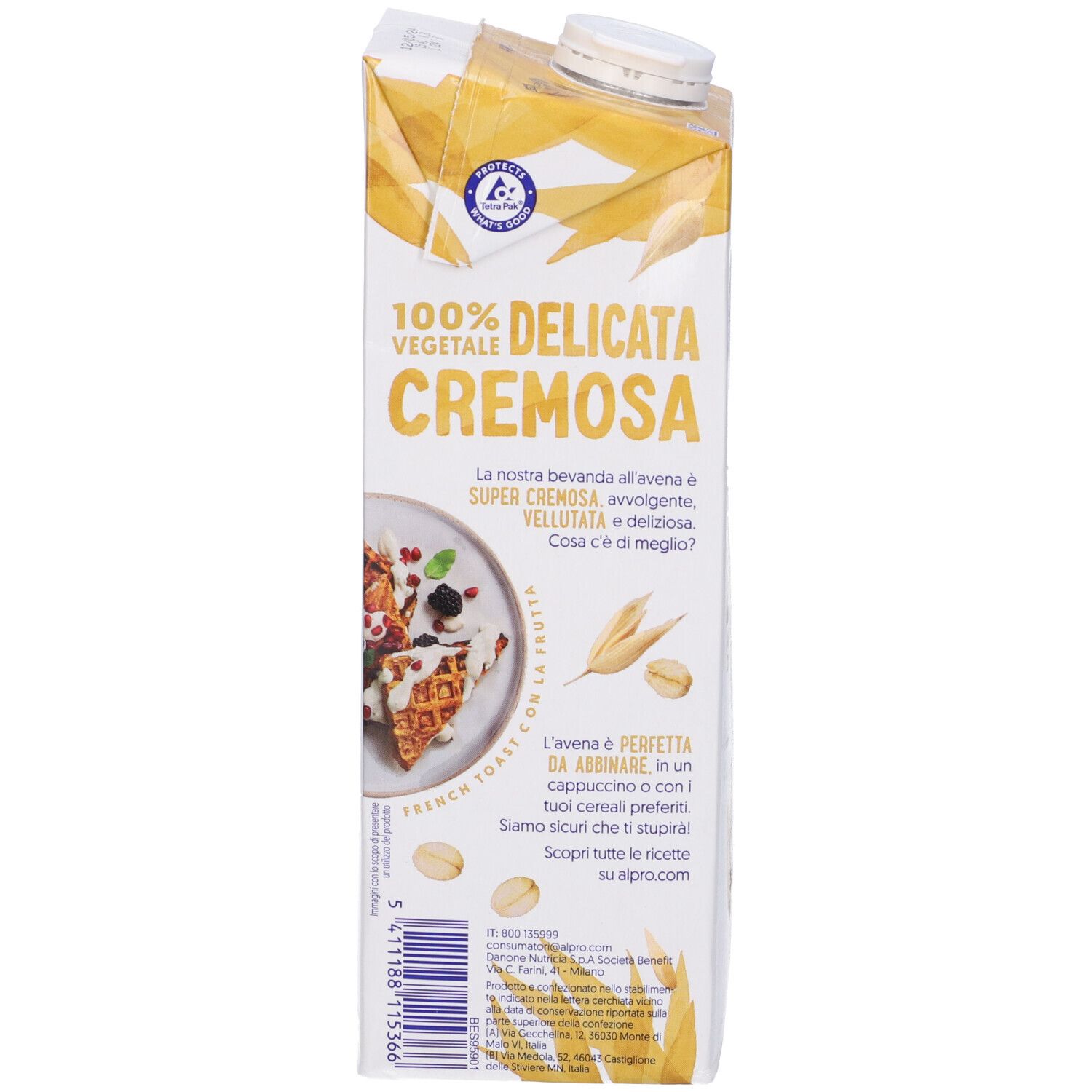 Retro confezione Alpro Avena. Testo: "100% Vegetale Cremosa". Illustrazione di French Toast. Testo in italiano.