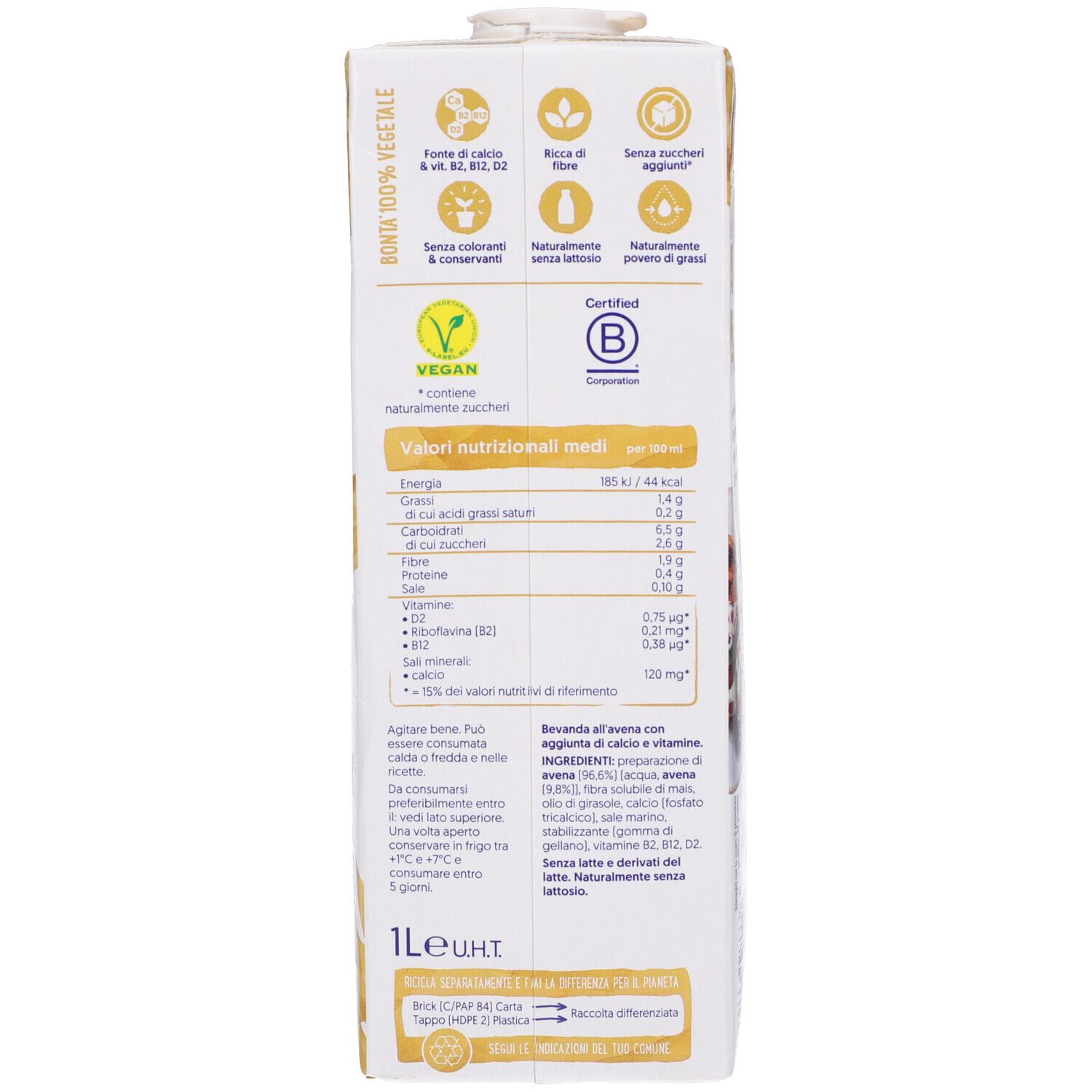 Retro confezione Alpro Avena. Contiene informazioni nutrizionali, sigillo Vegan e certificazione. Testo in italiano.