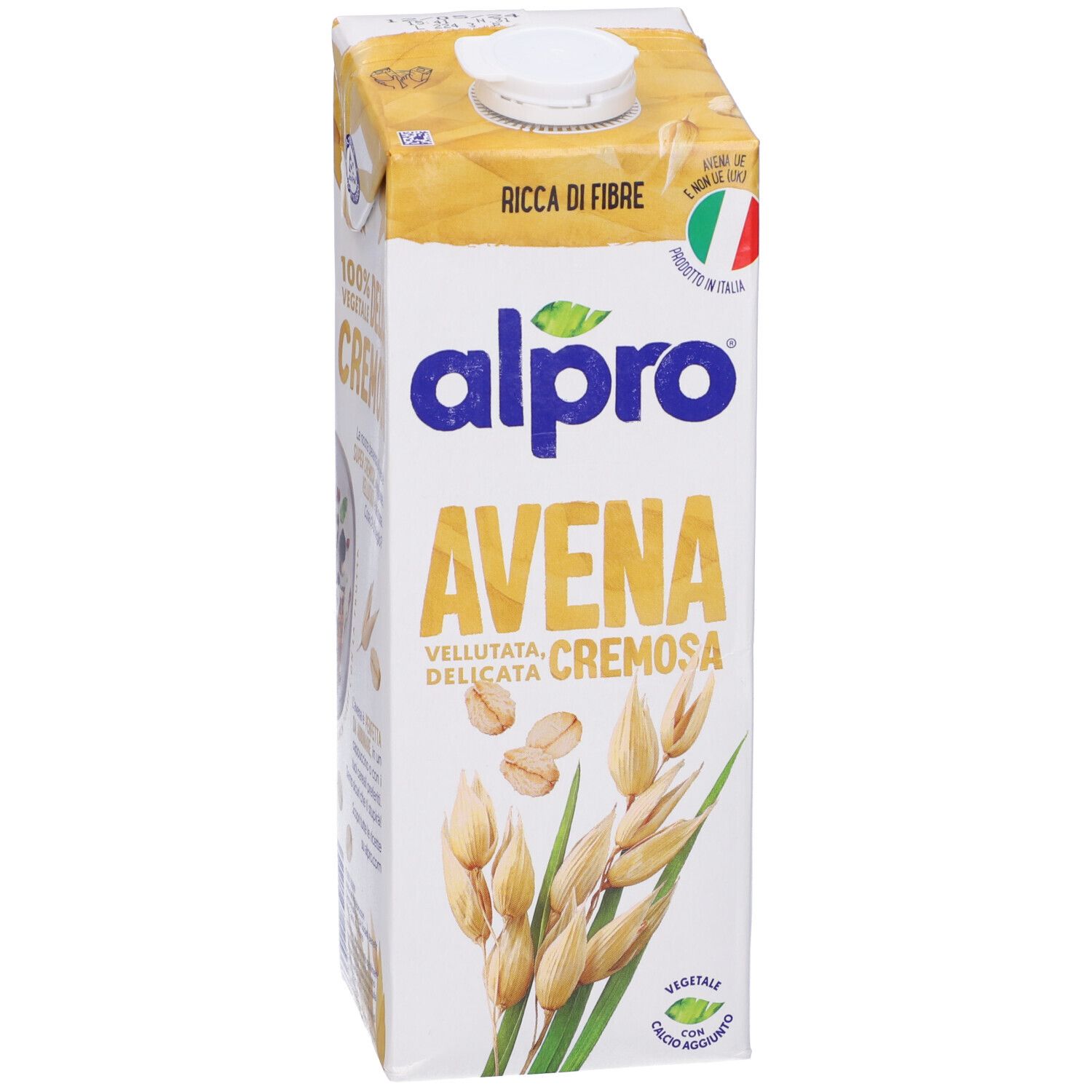 Confezione Alpro Avena. Bianca e gialla. Contiene bandiera italiana e scritta "Ricca di Fibre".