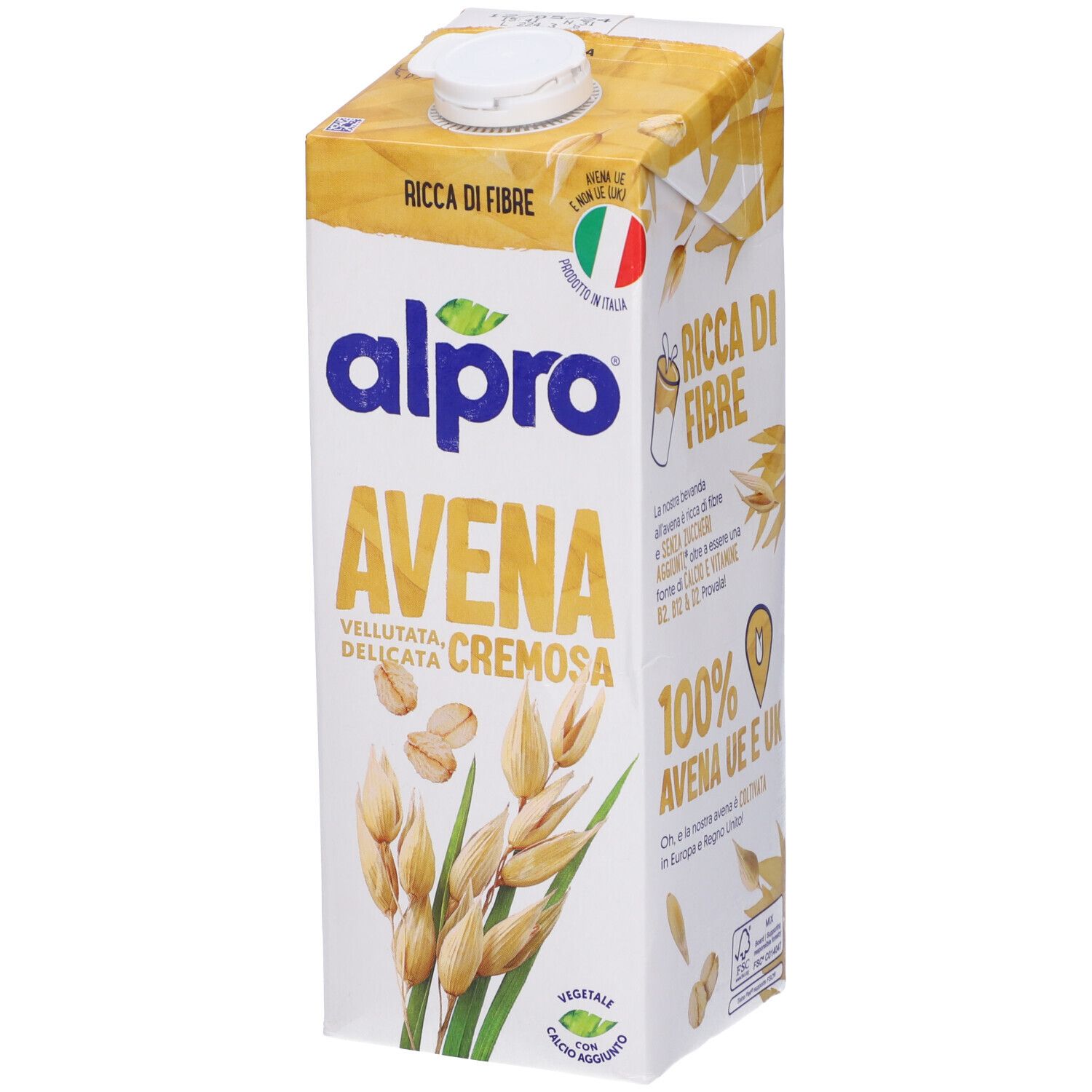 Confezione Alpro Avena. Bianca e gialla. Contiene bandiera italiana e scritta "Ricca di Fibre".