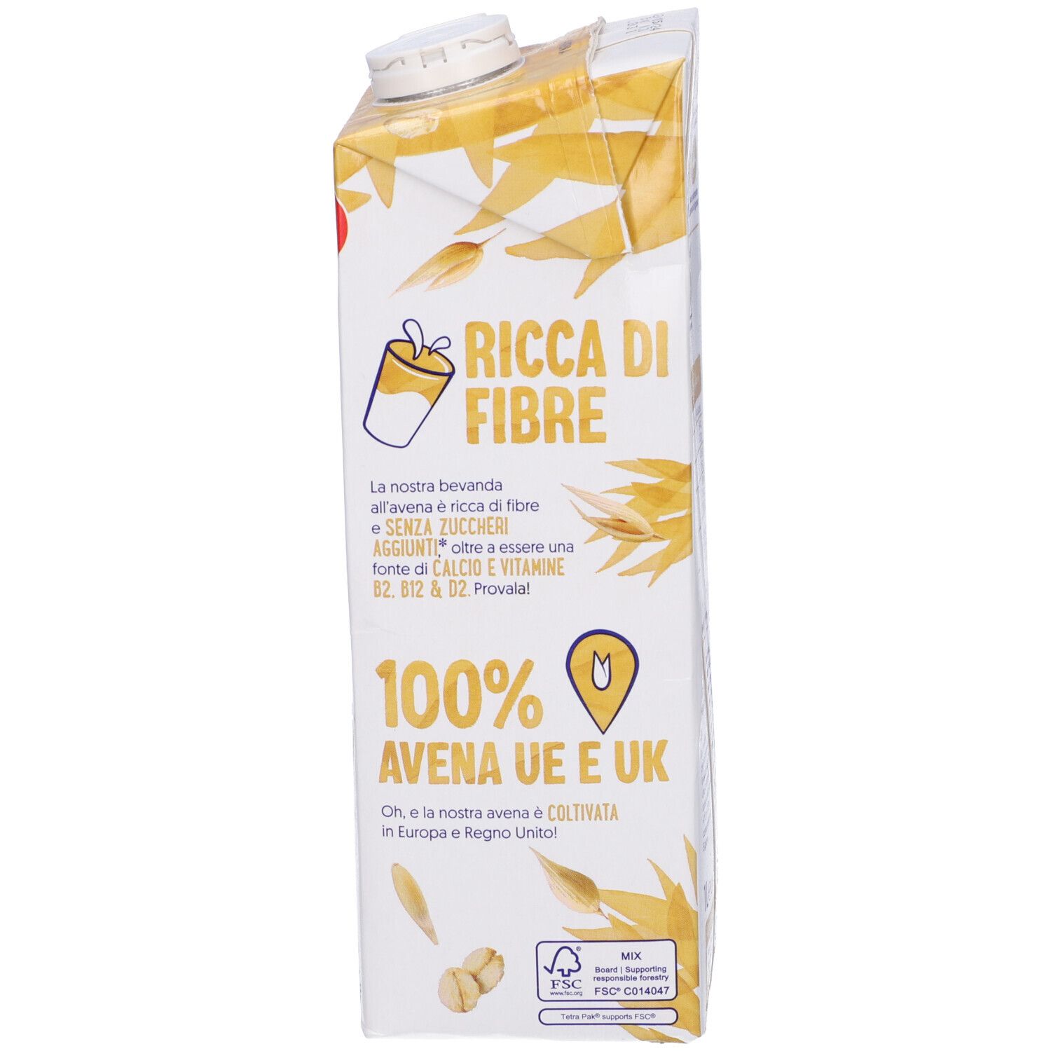 Retro confezione Alpro Avena. Testo: "Ricca di Fibre". Contiene testo in italiano.