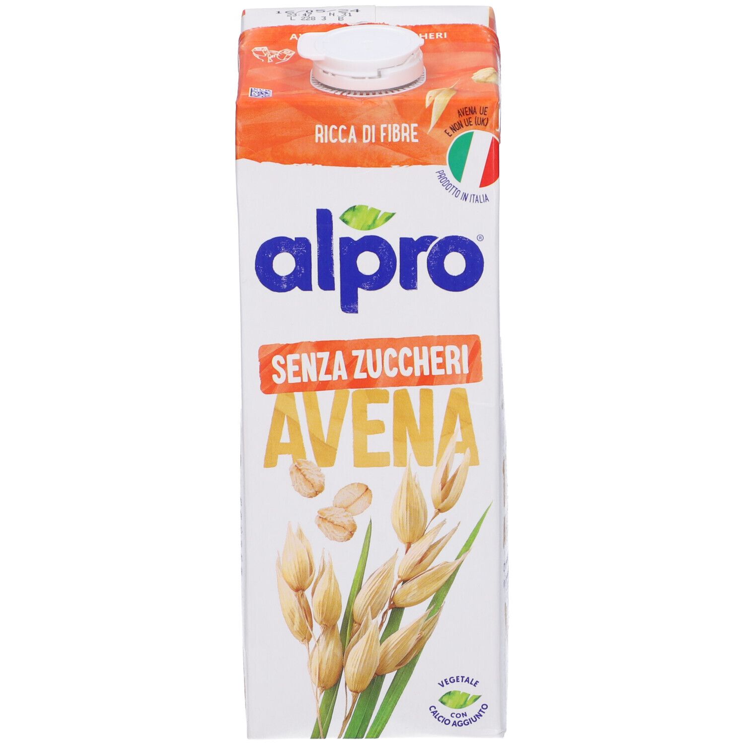 Confezione di Alpro Avena Senza Zucchero. Scritte: Ricca di Fibre, Senza Zuccheri, Avena. Illustrazione di spighe di avena.