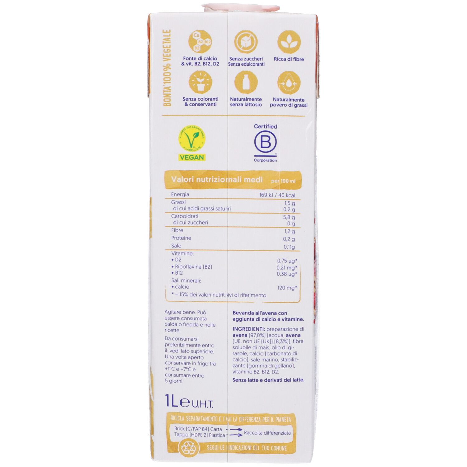 Retro della confezione Alpro Avena. Informazioni nutrizionali, sigillo Vegan, certificazione. Testo: 1L e UHT.