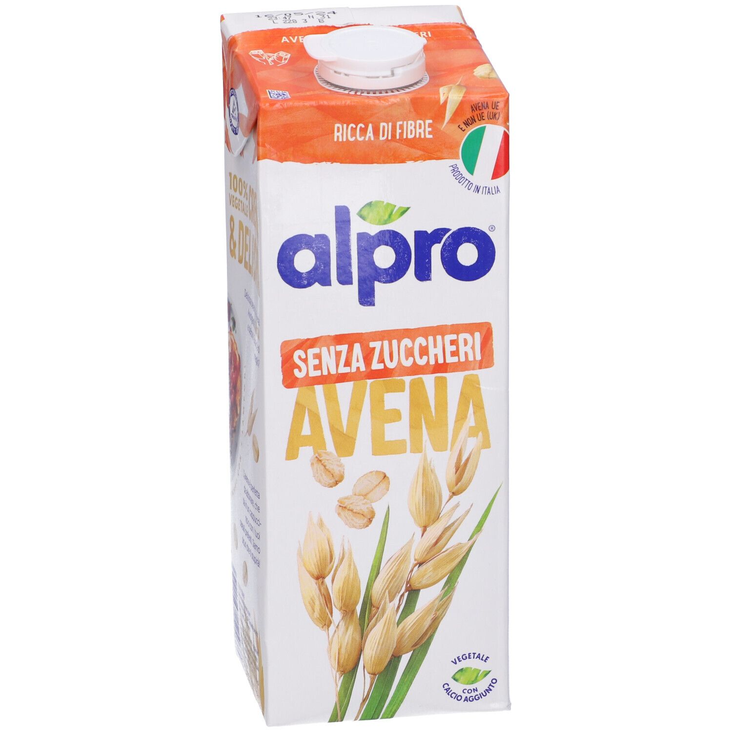 Confezione Alpro Avena Senza Zucchero. Scritte: Ricca di Fibre, Senza Zuccheri, Avena. Illustrazione di spighe di avena.