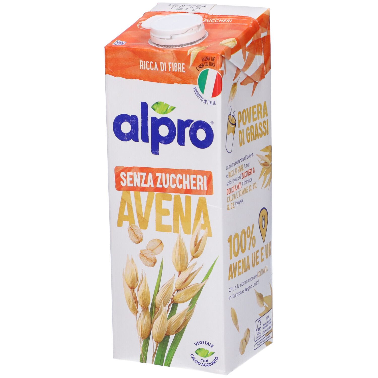 Confezione Alpro Avena Senza Zucchero. Scritte: Ricca di Fibre, Senza Zuccheri, Avena. Illustrazione di spighe di avena.