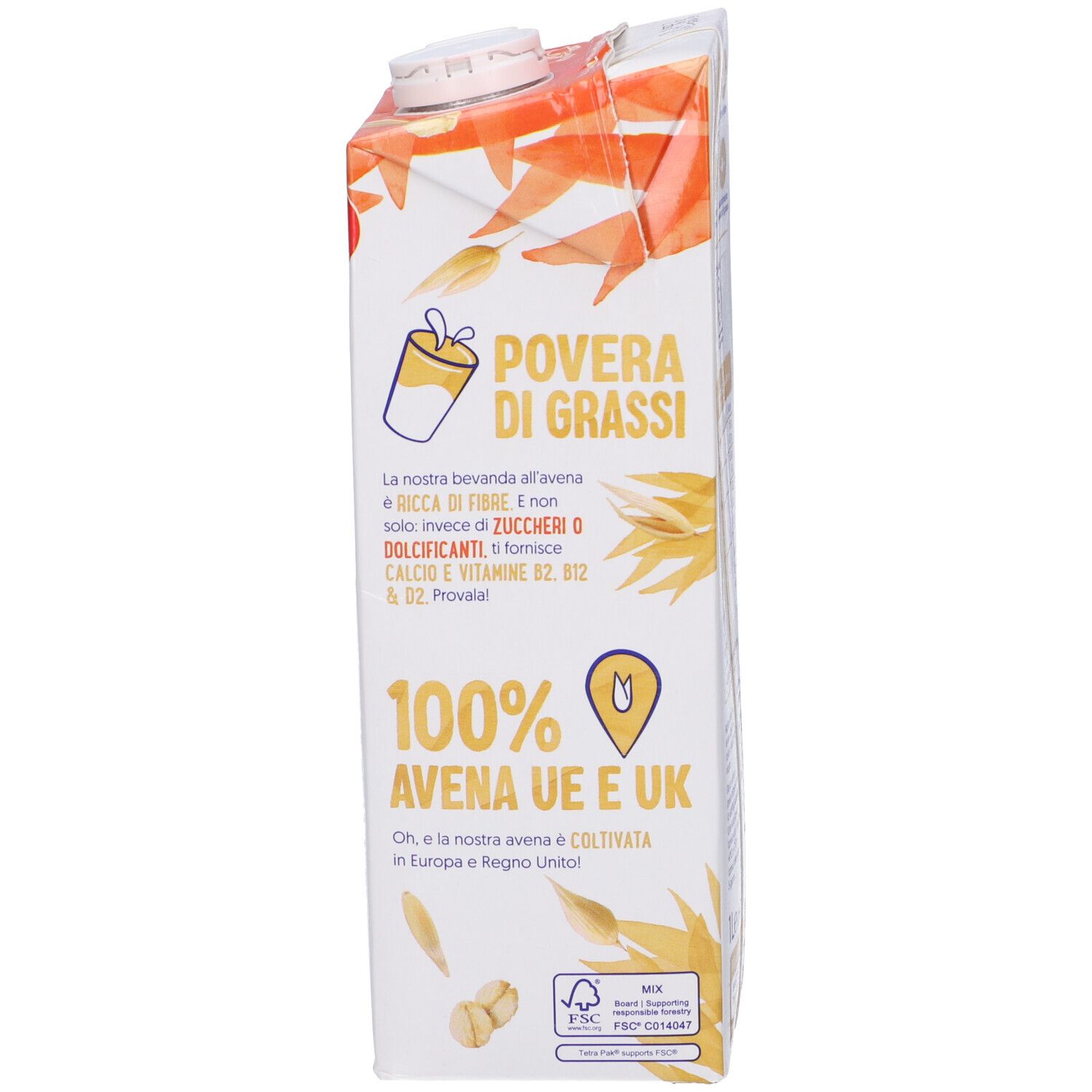 Retro della confezione Alpro Avena. Testo: Povera di Grassi, 100% Avena UE e UK. Logo FSC.