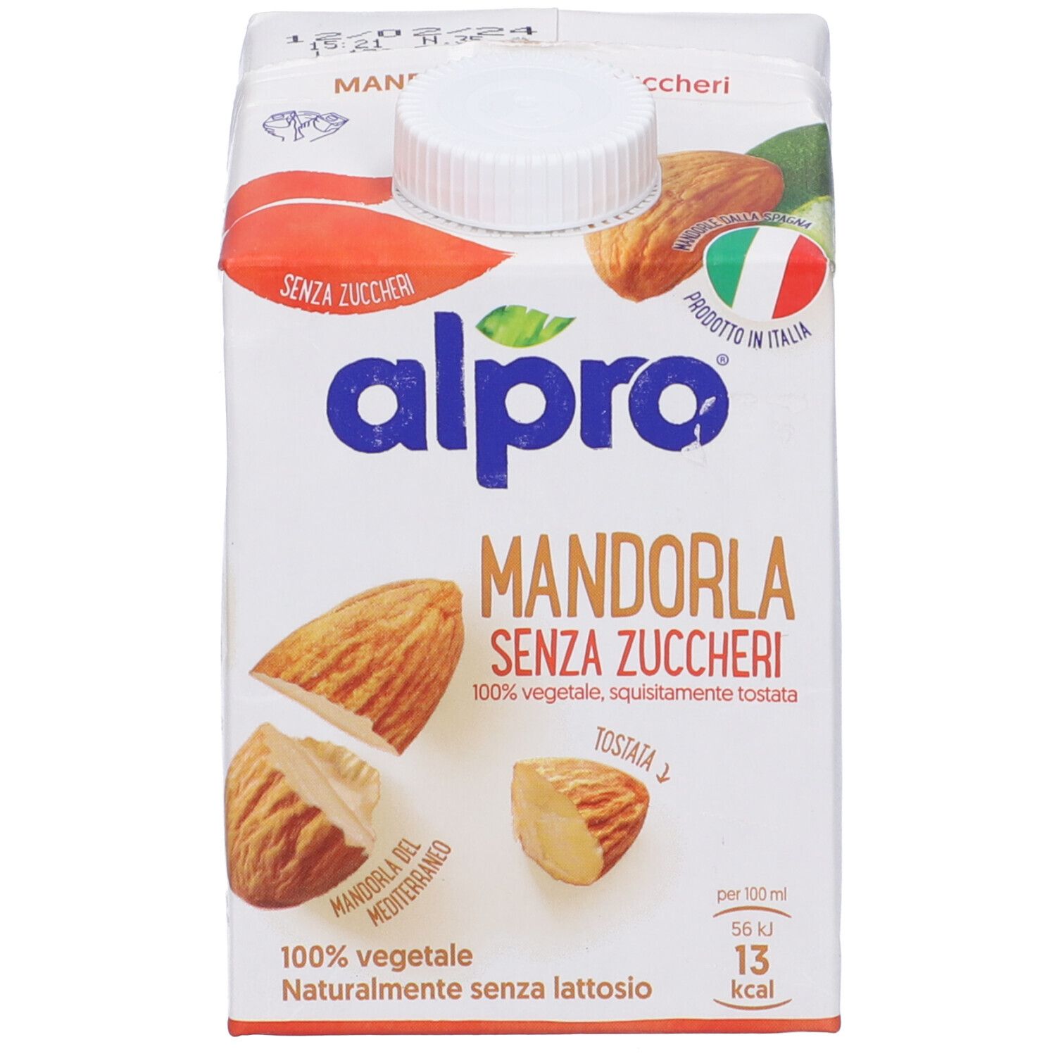 Alpro Mandorla Senza Zuccheri. Confezione con tappo a vite. Immagini di mandorle. Testo: Senza Zuccheri, 100% vegetale.