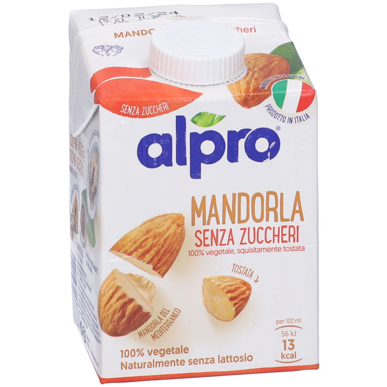 Alpro Mandorla Senza Zuccheri. Confezione con tappo a vite. Immagini di mandorle. Testo: Senza Zuccheri, 100% vegetale.