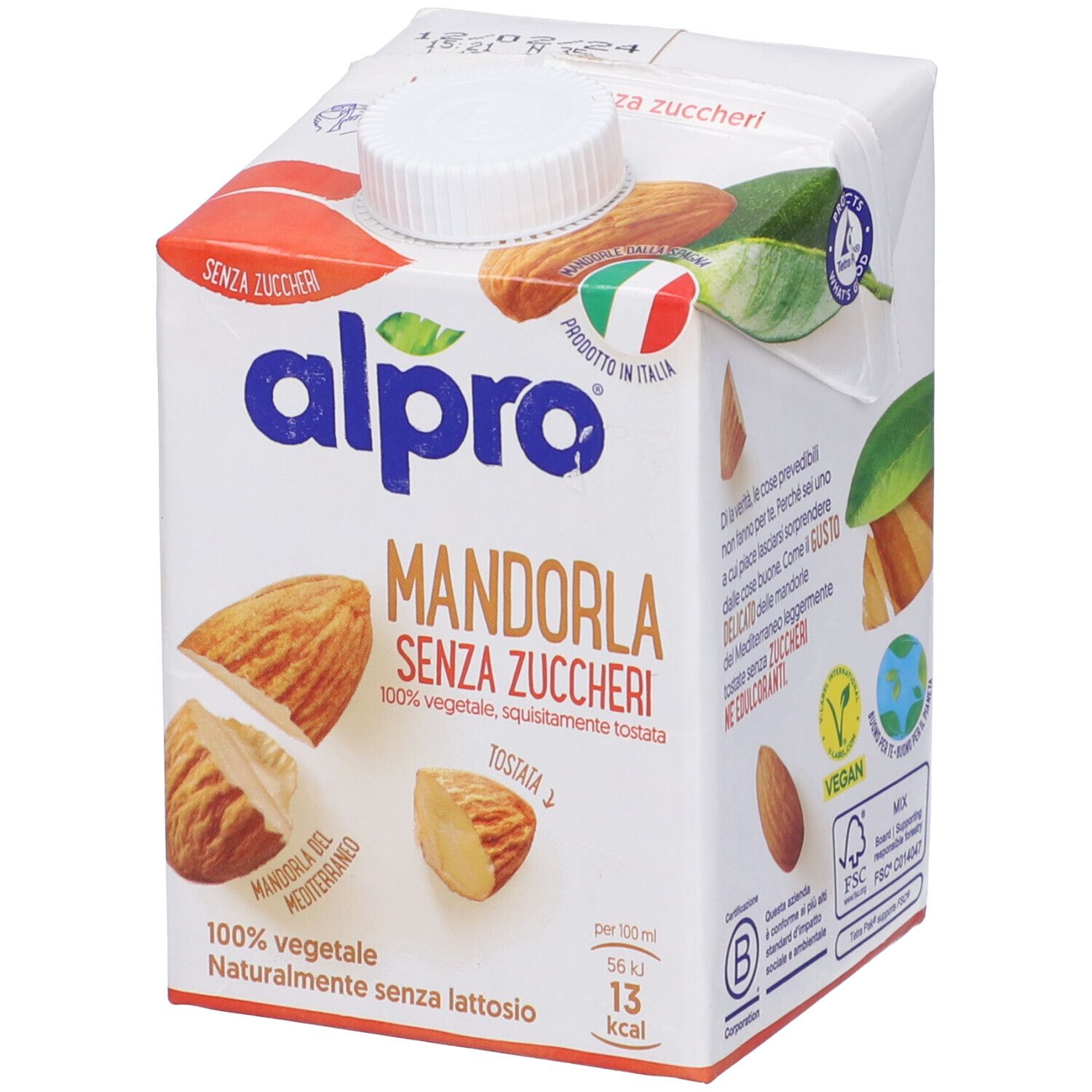 Alpro Mandorla Senza Zuccheri. Confezione con tappo a vite. Immagini di mandorle. Testo: Senza Zuccheri, 100% vegetale, vegan.