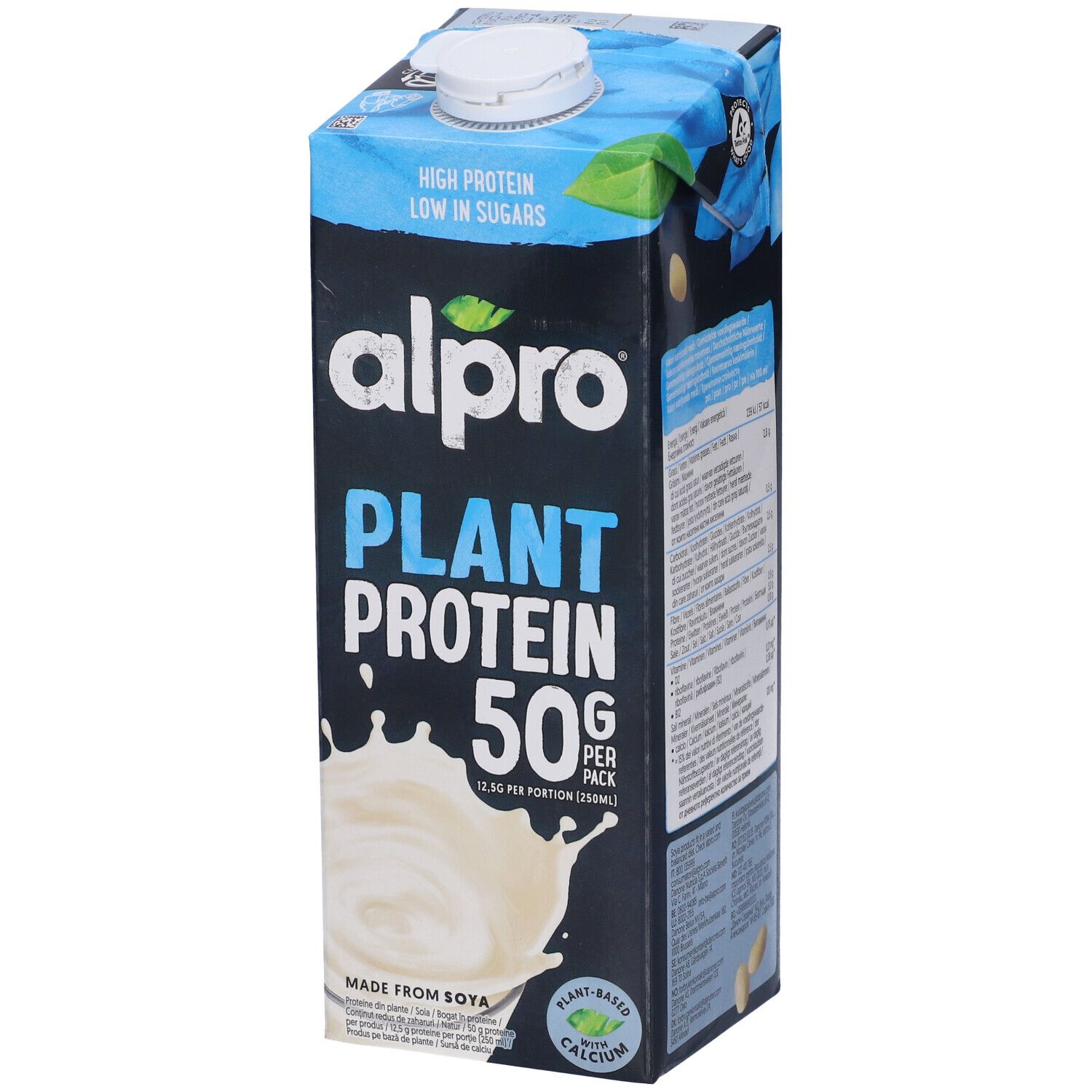 Confezione Alpro Plant Protein. Design blu e nero. Contiene 50g di proteine per confezione. Scritta: High Protein, Low in Sugars.