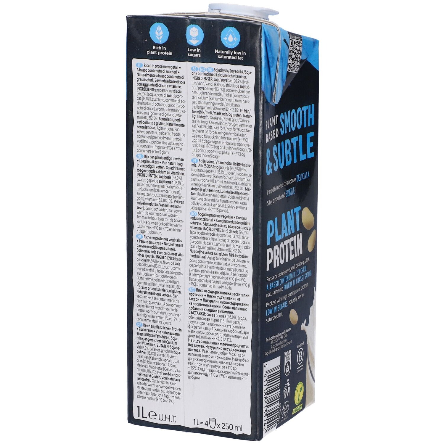 Retro della confezione Alpro Plant Protein. Testo multilingue. Contiene informazioni nutrizionali e ingredienti. Sigillo Vegan.