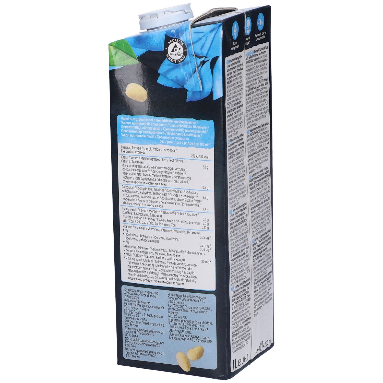 Lato della confezione Alpro Plant Protein. Contiene informazioni nutrizionali. Sigillo Vegan. Confezione da 1L con 4 porzioni da 250ml.