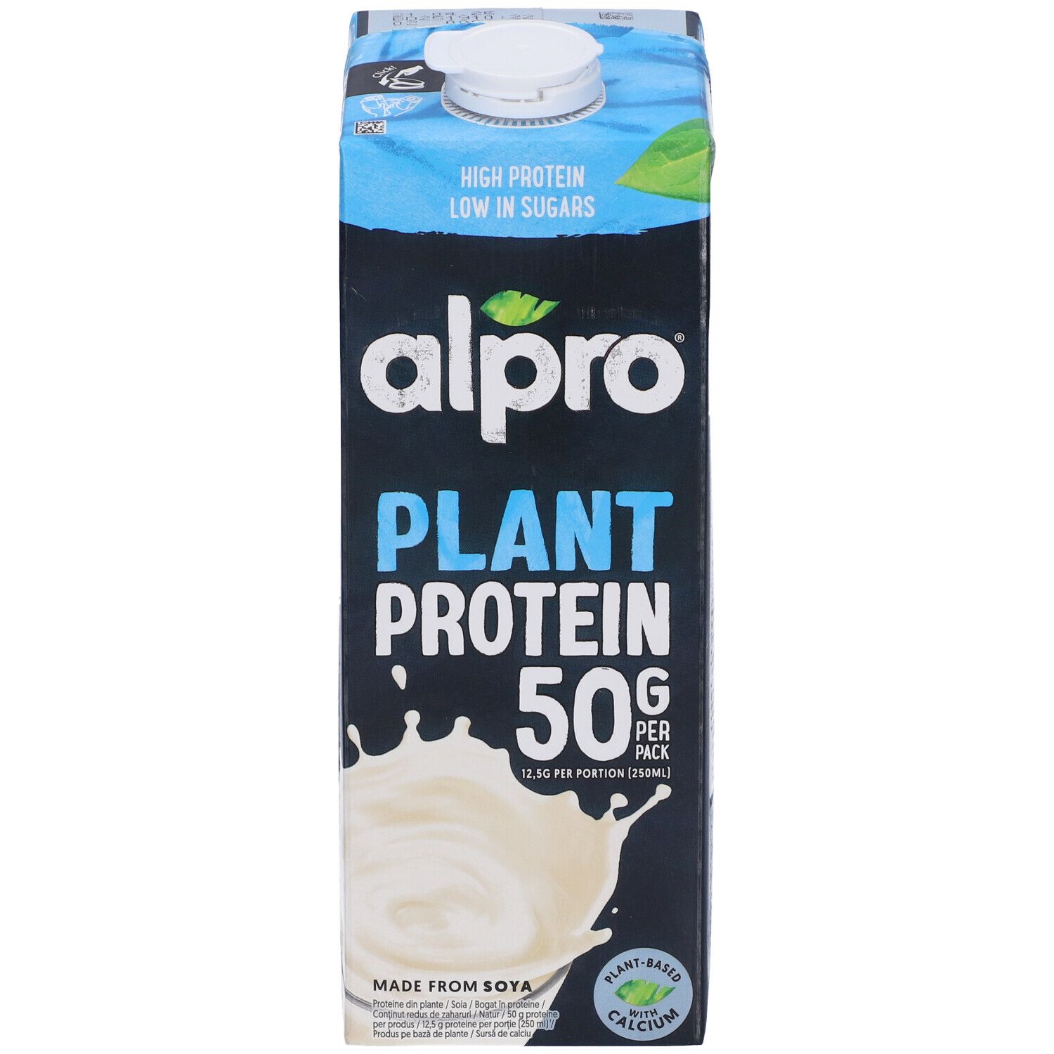 Confezione Alpro Plant Protein. Design blu e nero. Contiene 50g di proteine per confezione. Scritta: High Protein, Low in Sugars.