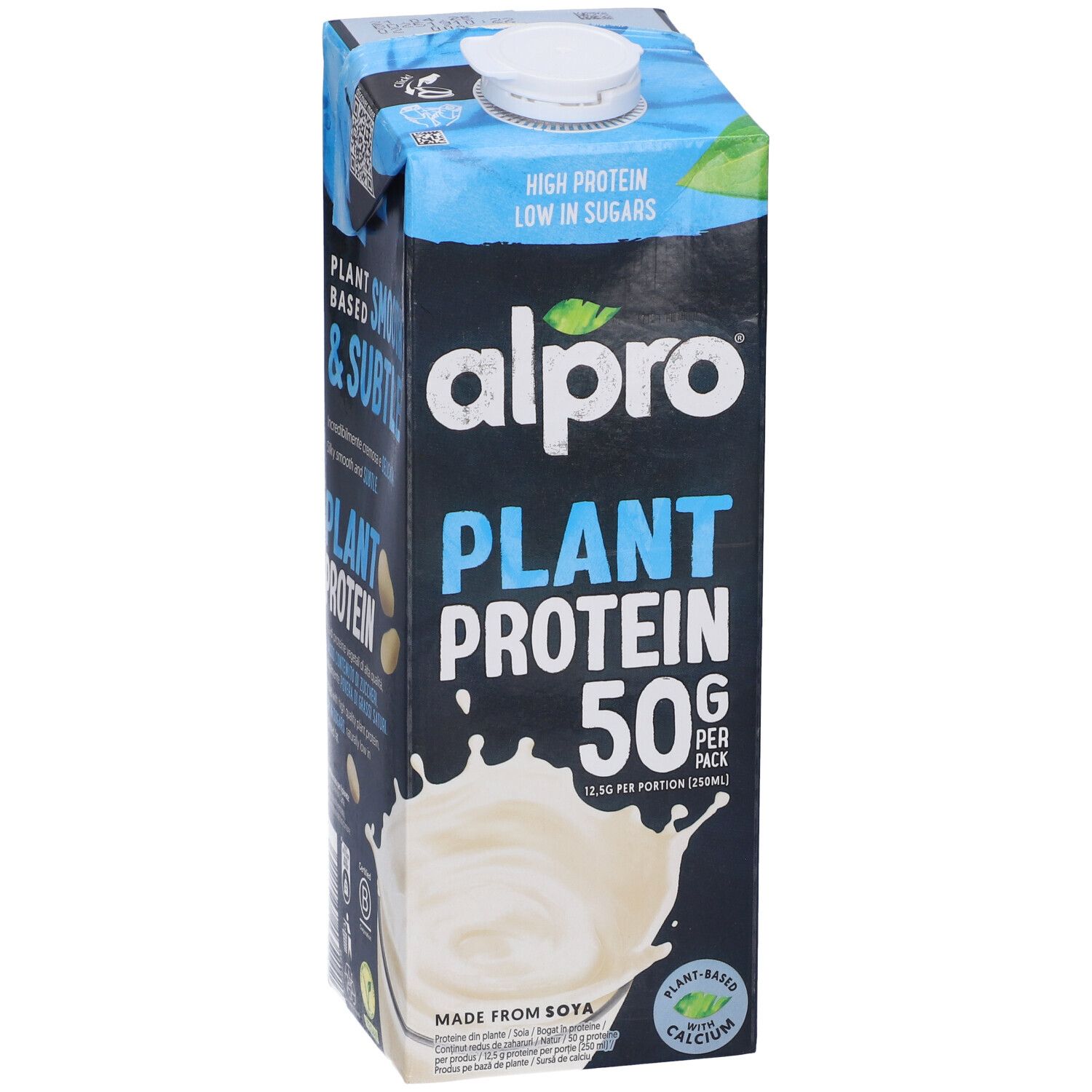 Confezione Alpro Plant Protein. Design blu e nero. Contiene 50g di proteine per confezione. Scritta: Plant Protein.