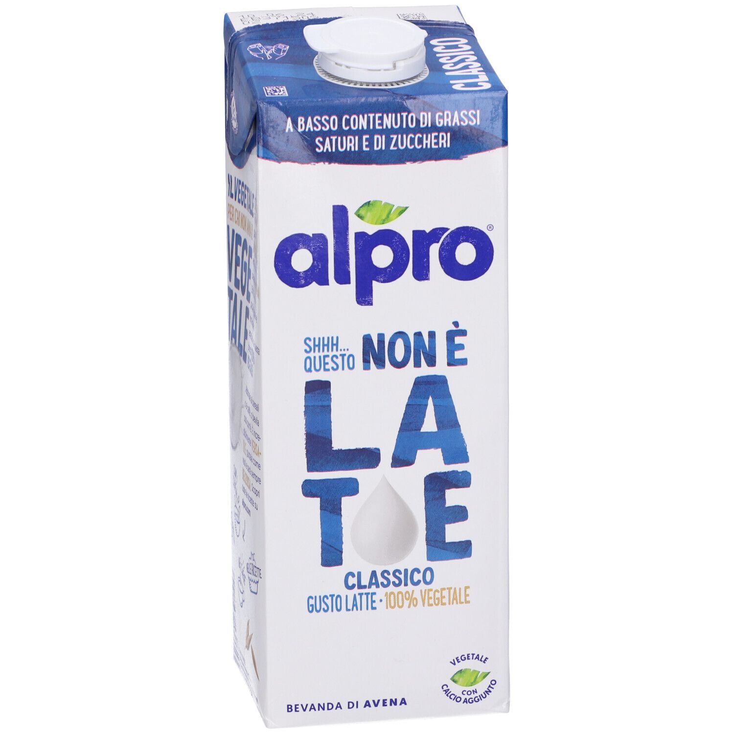 Confezione Alpro, tappo blu. Scritto: Questo Non E' Latte Classico. 100% vegetale.