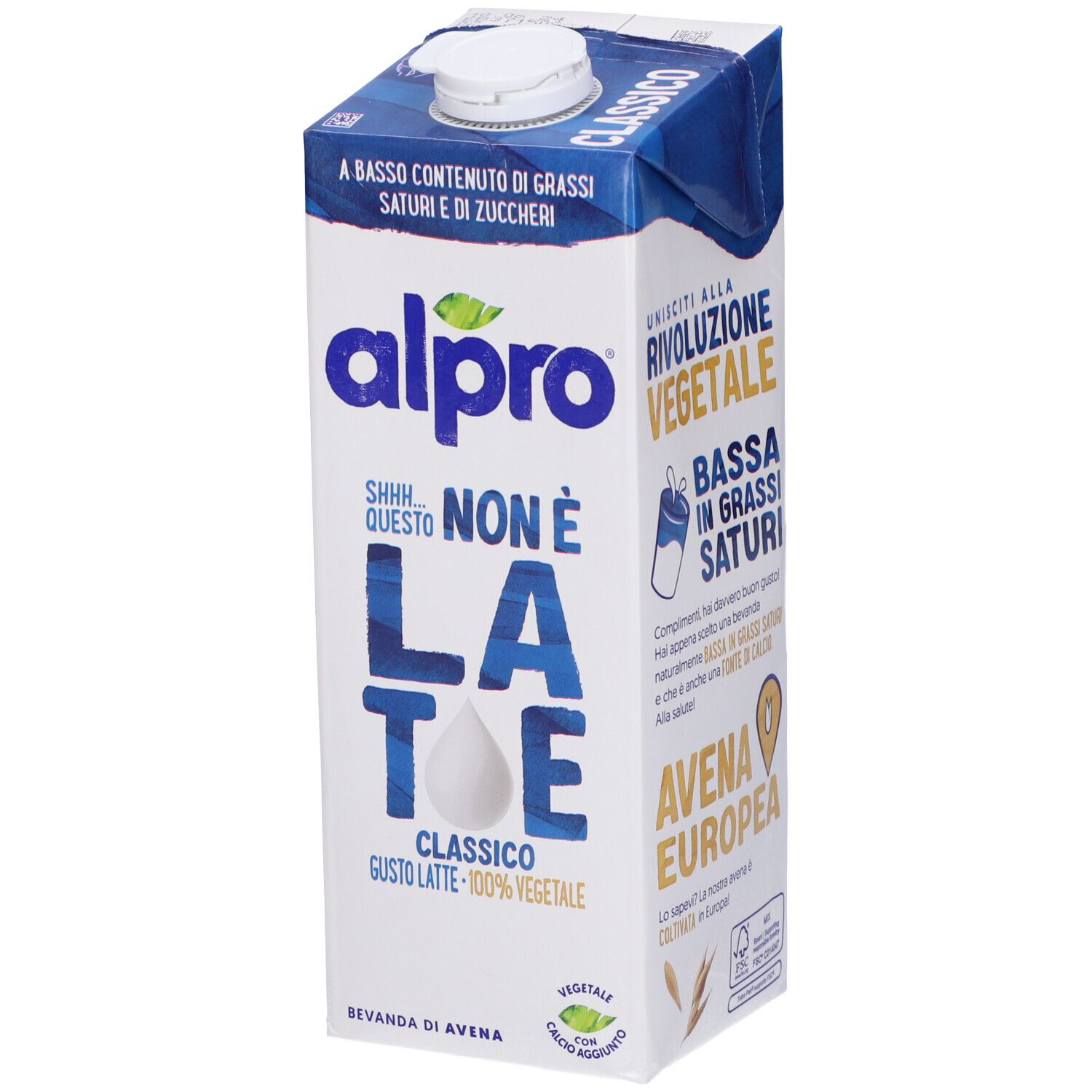 Confezione Alpro, tappo blu. Scritto: Questo Non E' Latte Classico. 100% vegetale.
