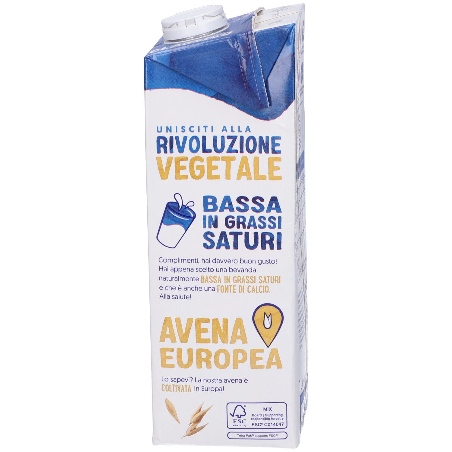 Retro confezione Alpro. Testo: Rivoluzione Vegetale. Bassa in grassi saturi. Avena Europea.