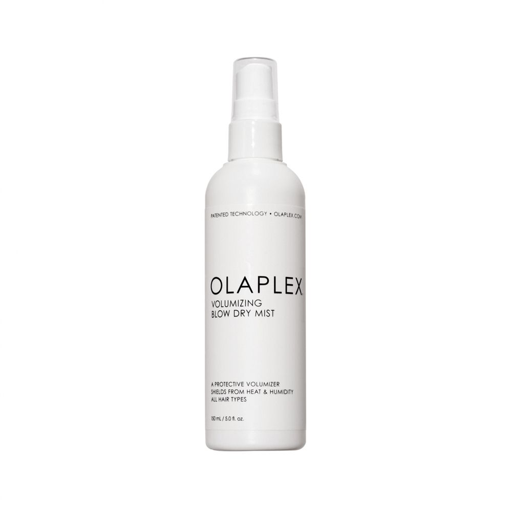 Weiße Sprühflasche mit Olaplex Volumizing Blow Dry Mist-Etikett. Enthält Text und Logo. 150 ml.