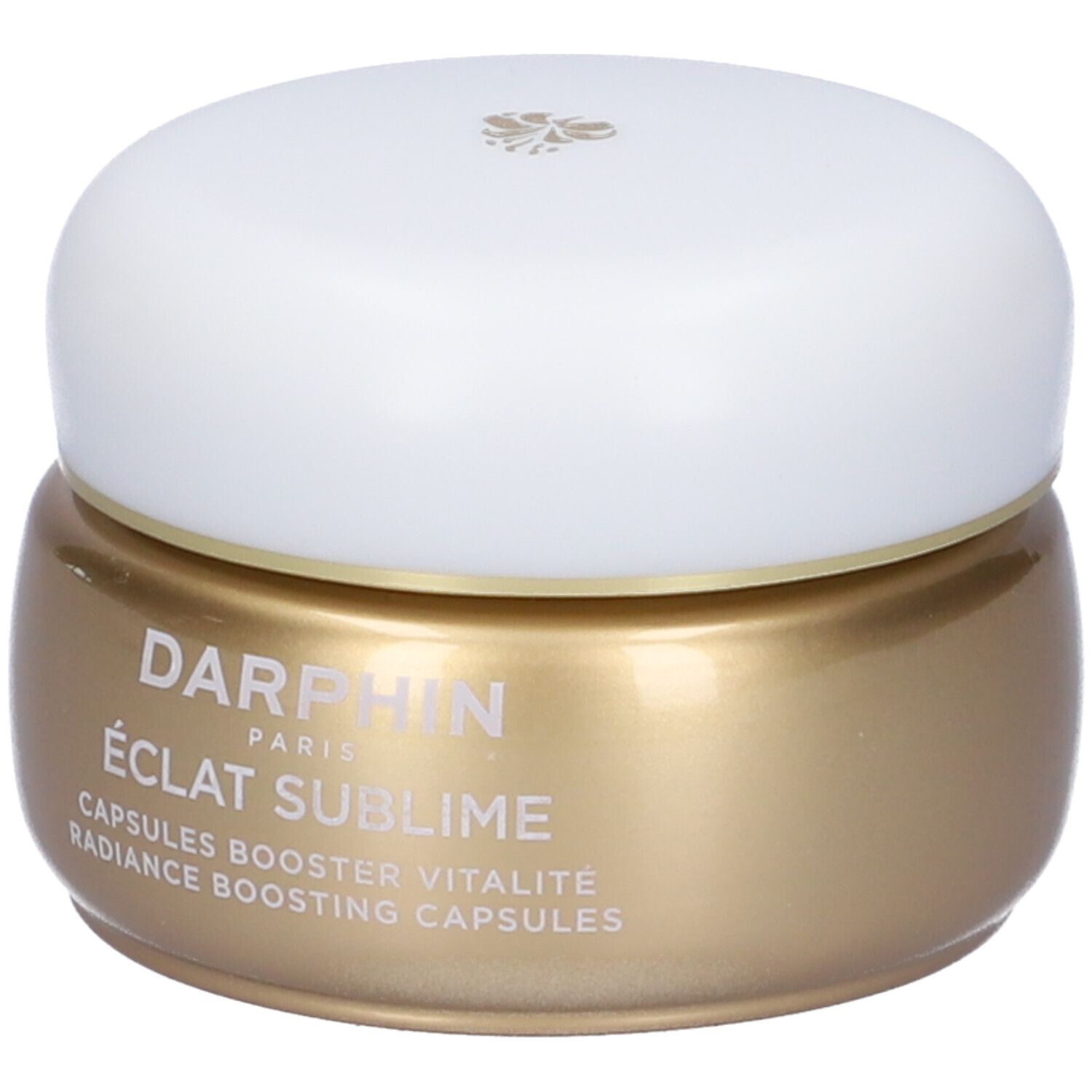 Goldfarbener Tiegel mit weißem Deckel. Aufschrift: Darphin Paris, Éclat Sublime, Capsules Booster Vitalité, Radiance Boosting Capsules.