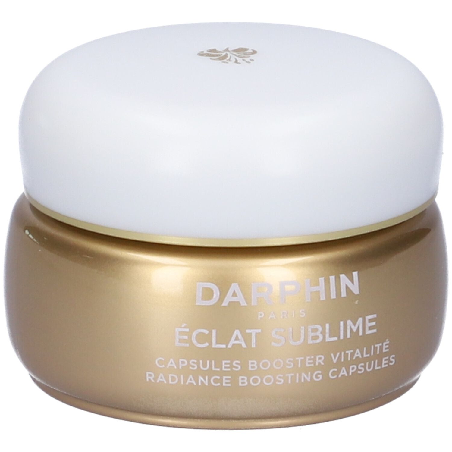 Goldfarbener Tiegel mit weißem Deckel. Aufschrift: Darphin Paris, Éclat Sublime, Capsules Booster Vitalité, Radiance Boosting Capsules.