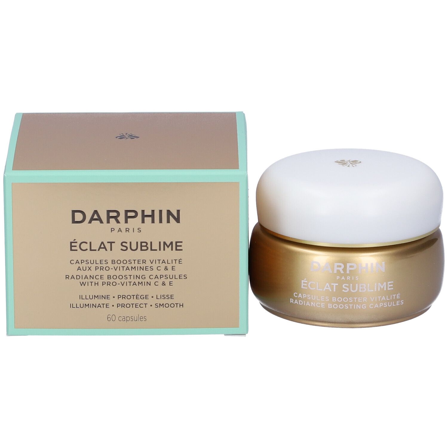 Goldfarbener Tiegel mit weißem Deckel und rechteckige Verpackung. Aufschrift: Darphin Paris, Éclat Sublime, 60 capsules.