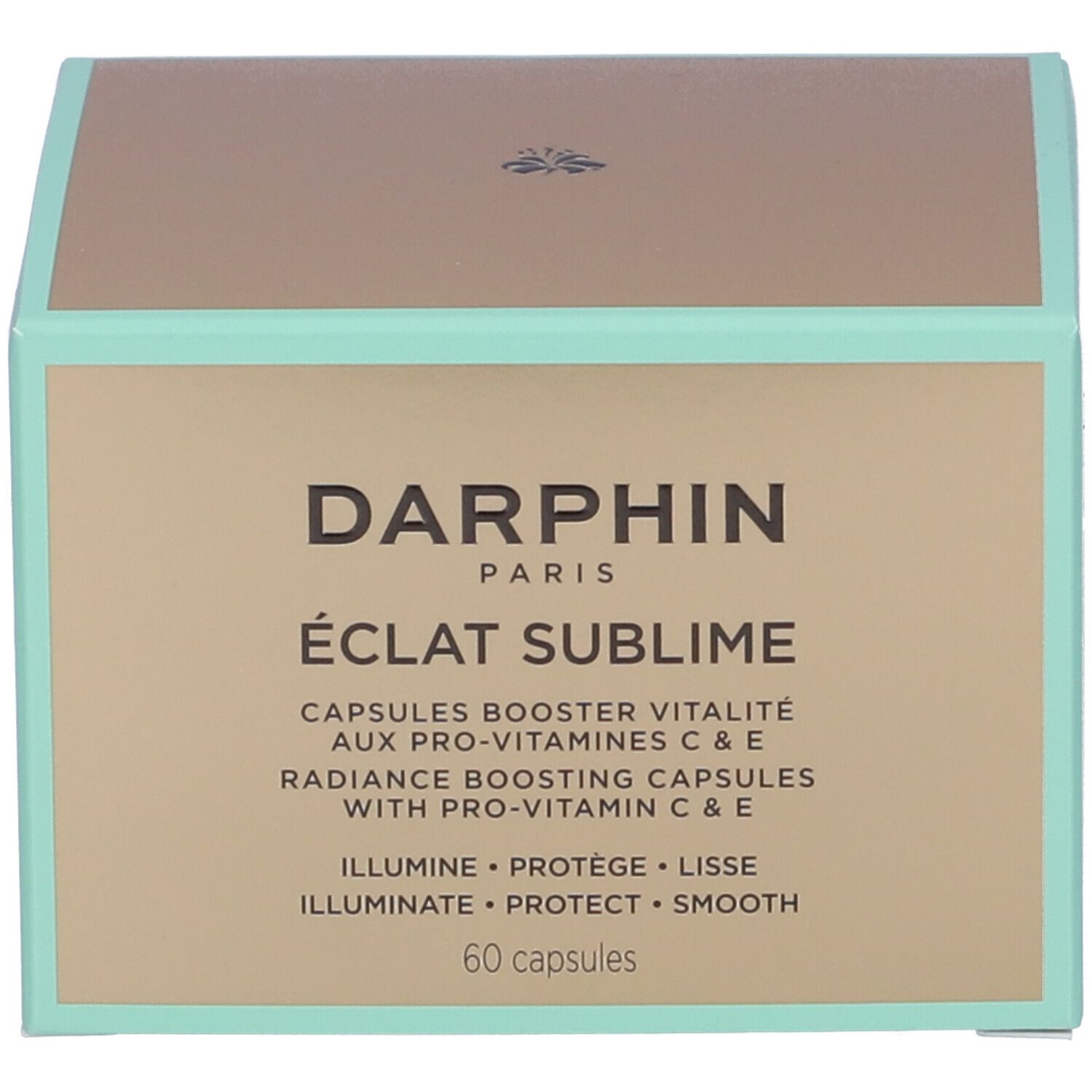 Rechteckige Verpackung. Aufschrift: Darphin Paris, Éclat Sublime, Capsules Booster Vitalité aux Pro-vitamines C & E, 60 capsules.