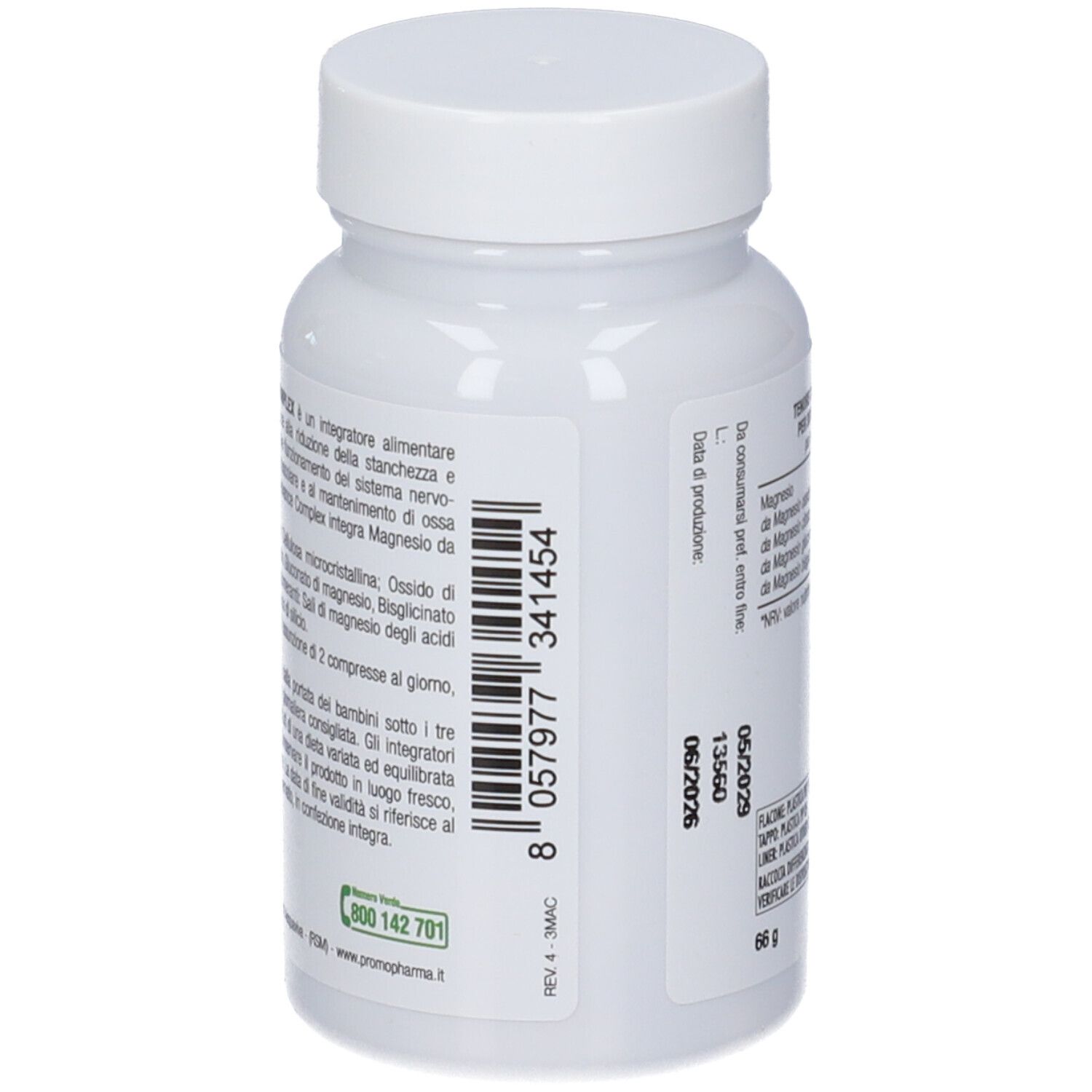 Rückseite der Promopharma Magnesio Advance Complex Dose mit Barcode und Haltbarkeitsdatum.