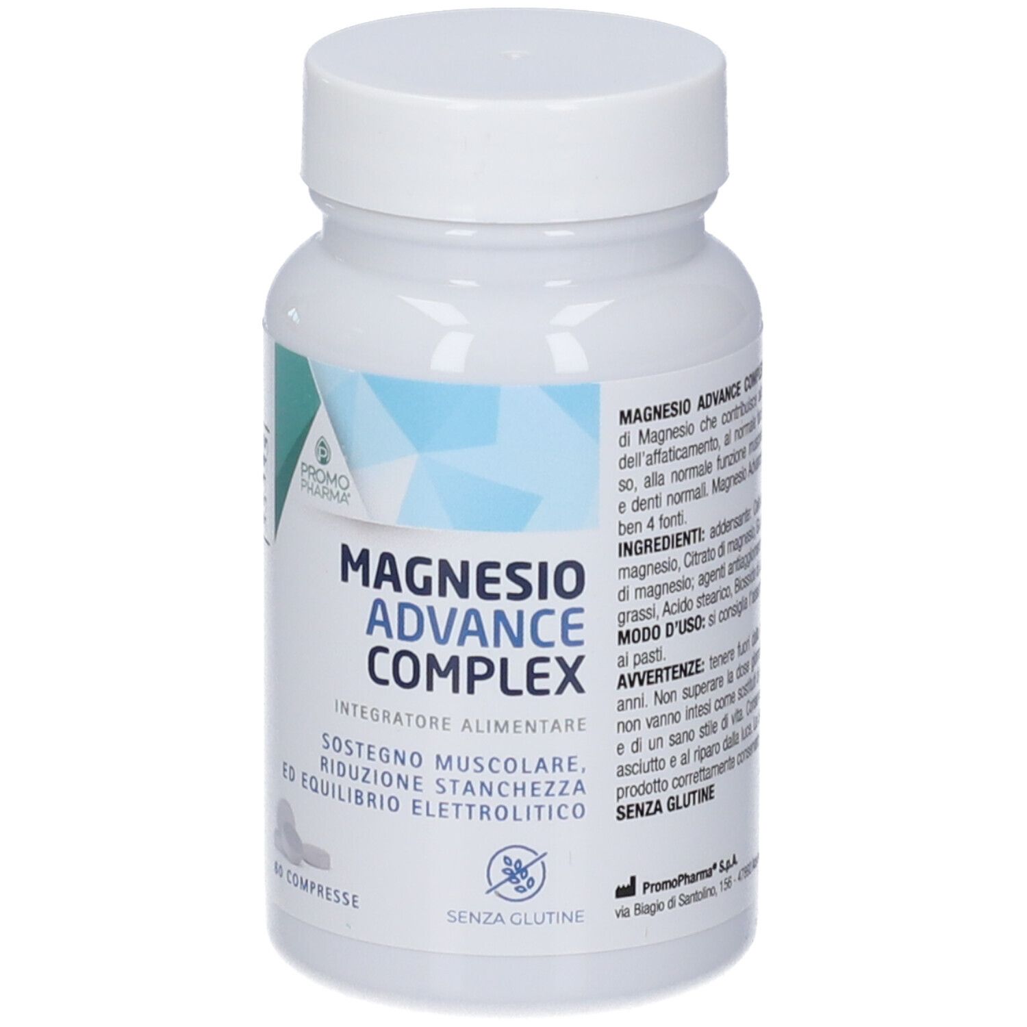 Promopharma Magnesio Advance Complex: weiße Dose mit blauem Etikett, 60 Tabletten.
