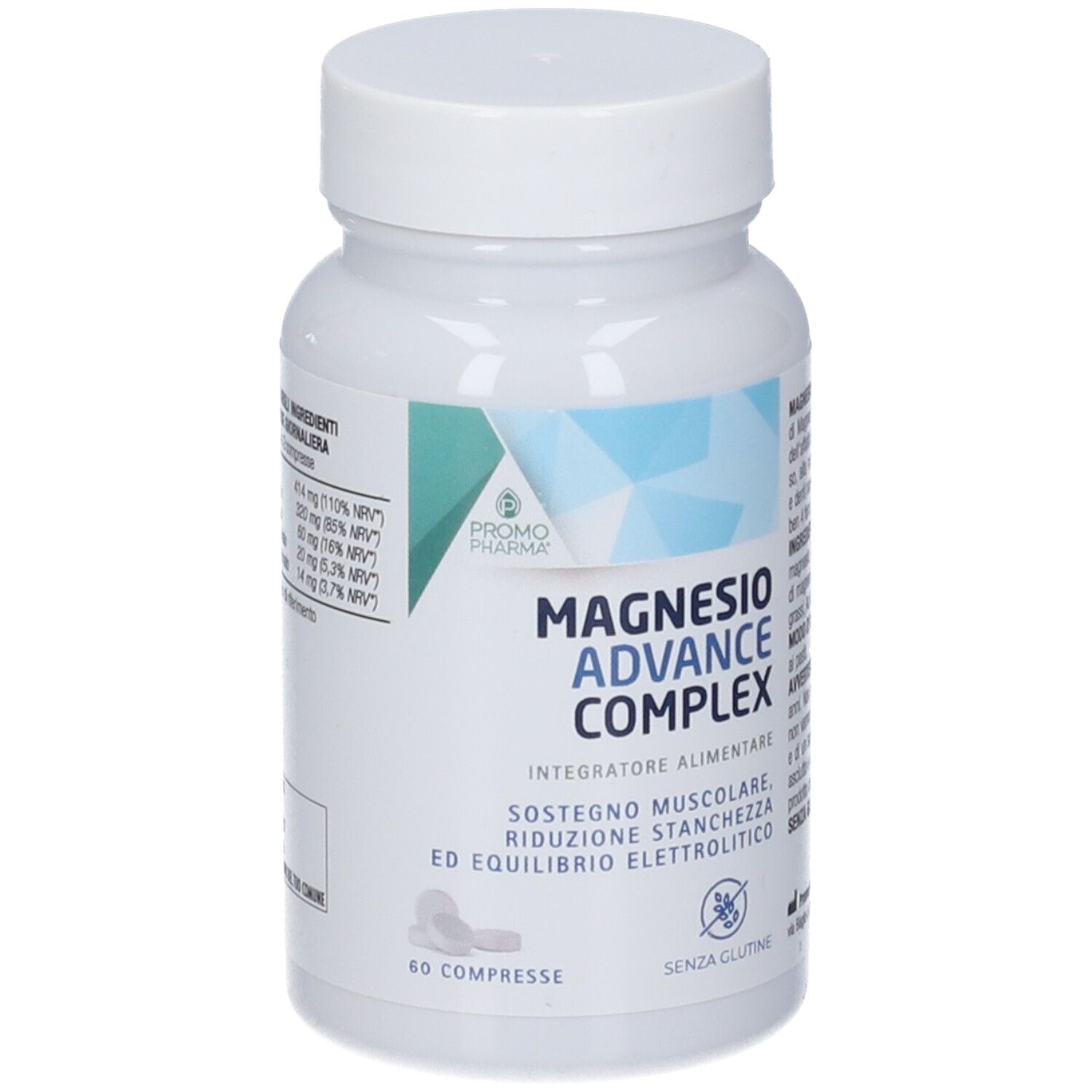 Promopharma Magnesio Advance Complex: weiße Dose mit blauem Etikett, 60 Tabletten.