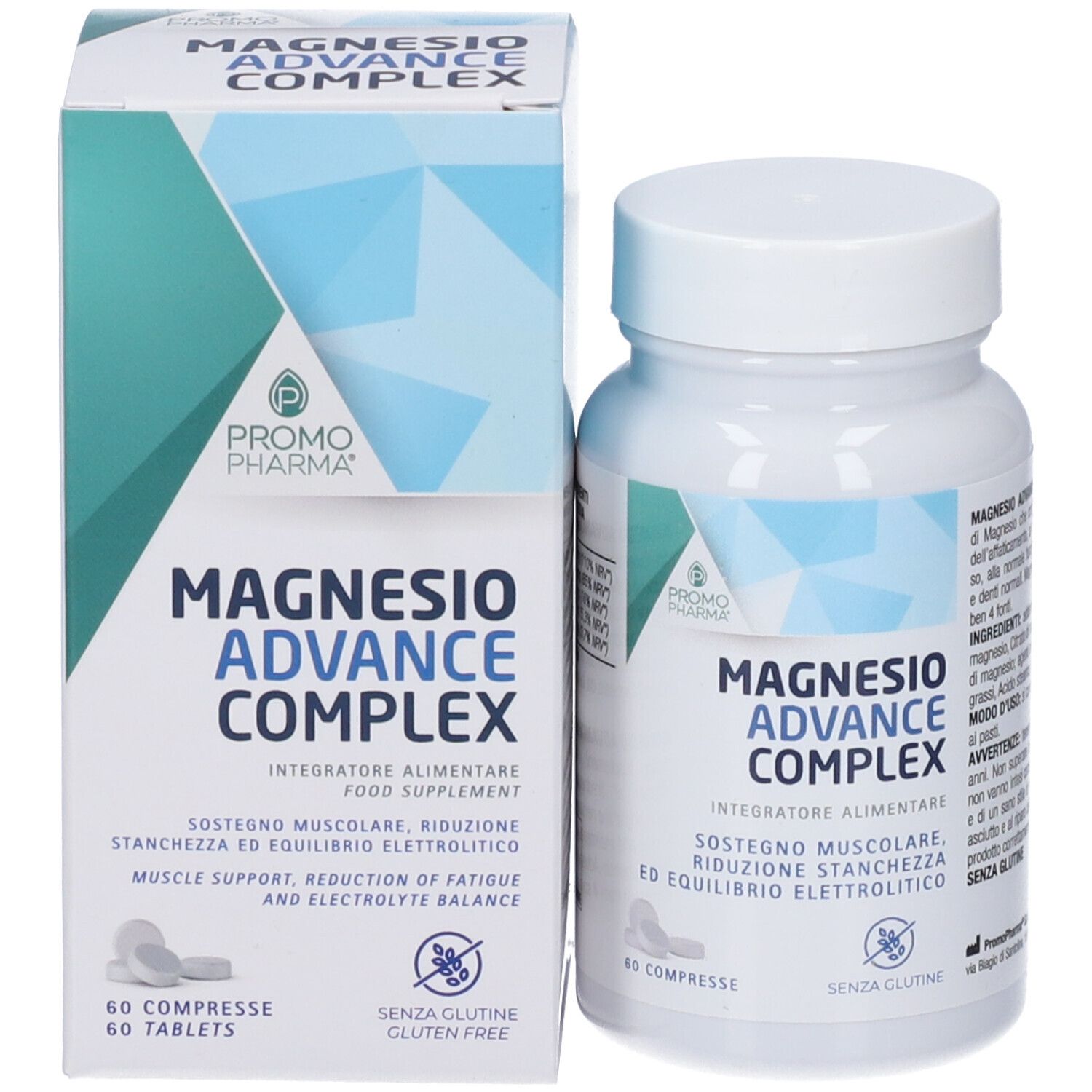 Promopharma Magnesio Advance Complex: Dose und Kartonverpackung, 60 Tabletten.