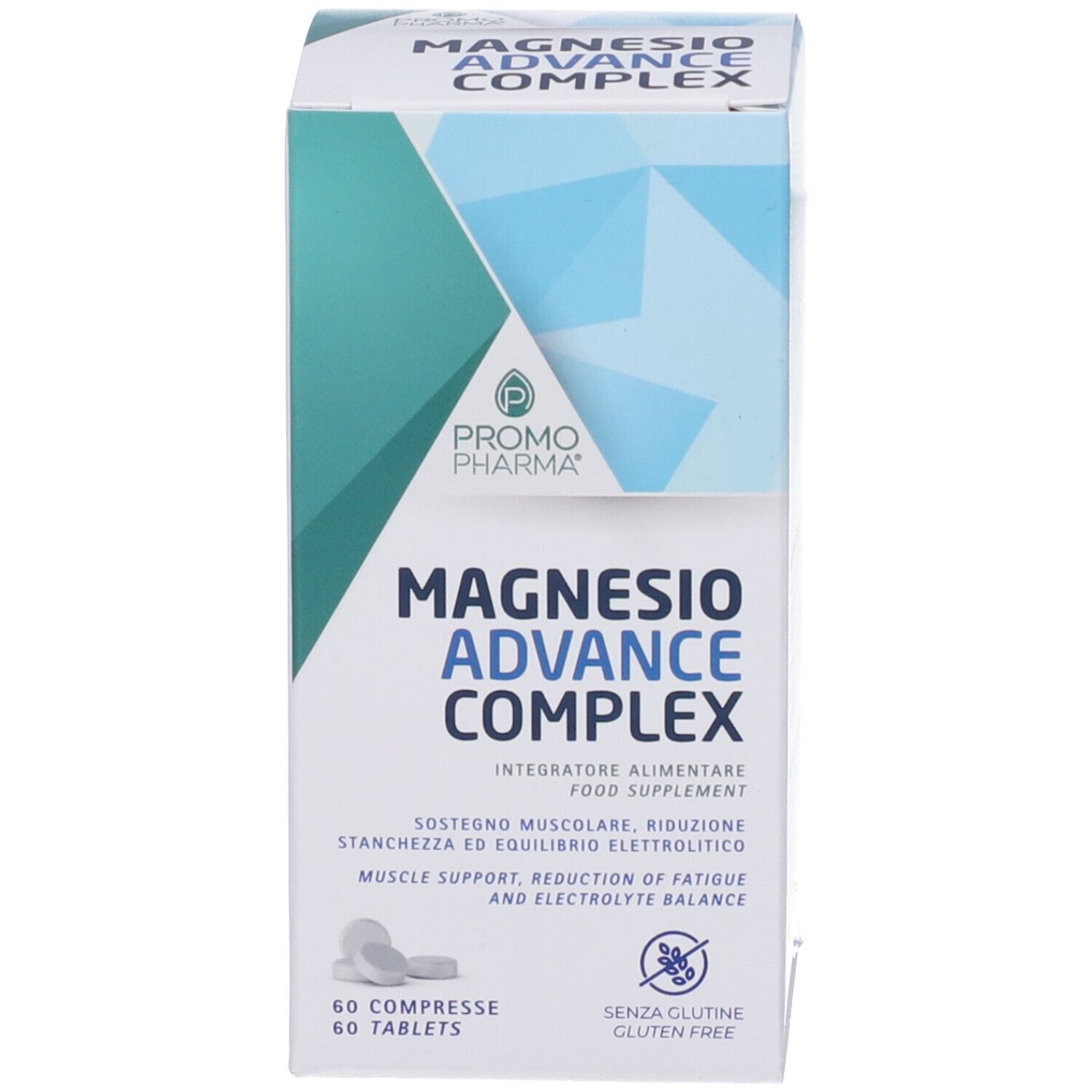 Kartonverpackung Promopharma Magnesio Advance Complex mit Produktinformationen, 60 Tabletten.
