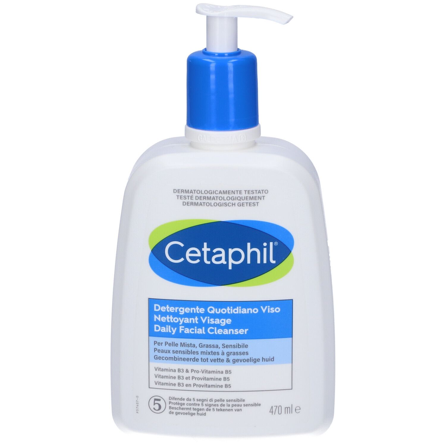 Flacone bianco con dosatore blu. Scritta Cetaphil e « Detergente Quotidiano Viso ».